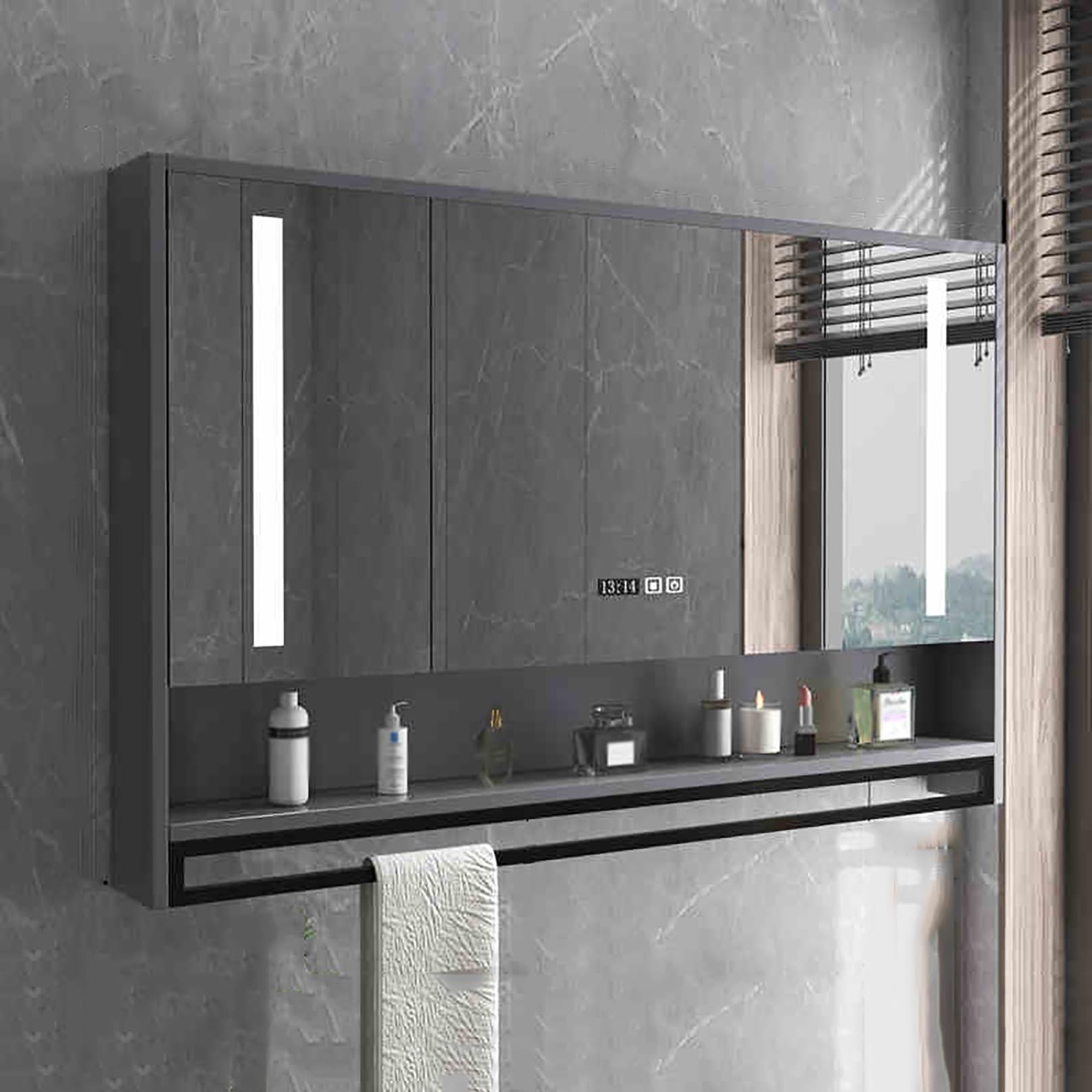 BKSXSOP Stylish 90cm Grey Bathroom Mirror Cabinet with Storage - Functional Vanity Medicine for Farmhouse Living Room & Decor