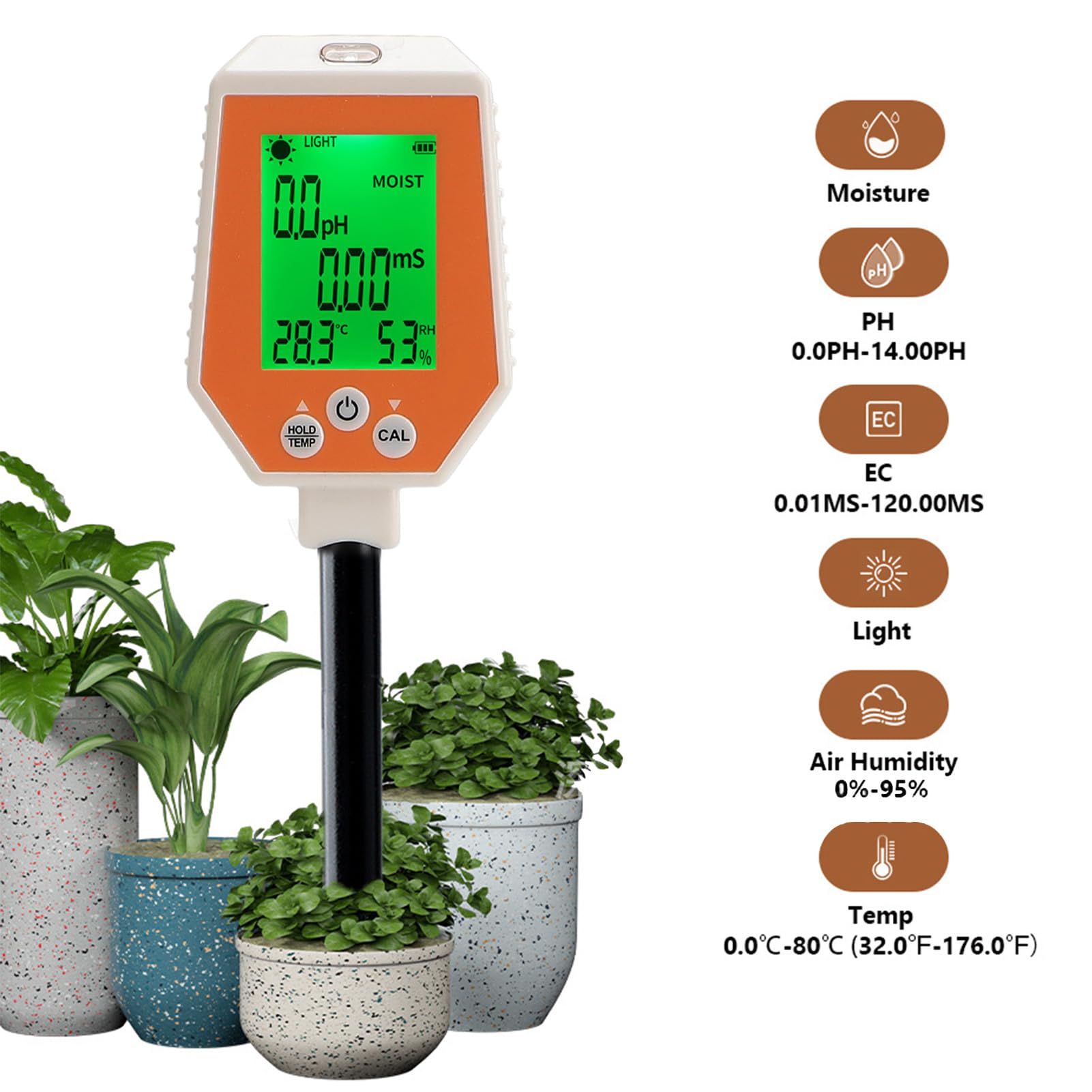 Miernik PH Gleby Tester Tester Digital Gleby dla Roślin, Inteligentny 6 In1 PH Gleby PH Światło Słoneczne PH Płodność PH Gleba Termometr Wilgotności dla Hodowli Trawnika