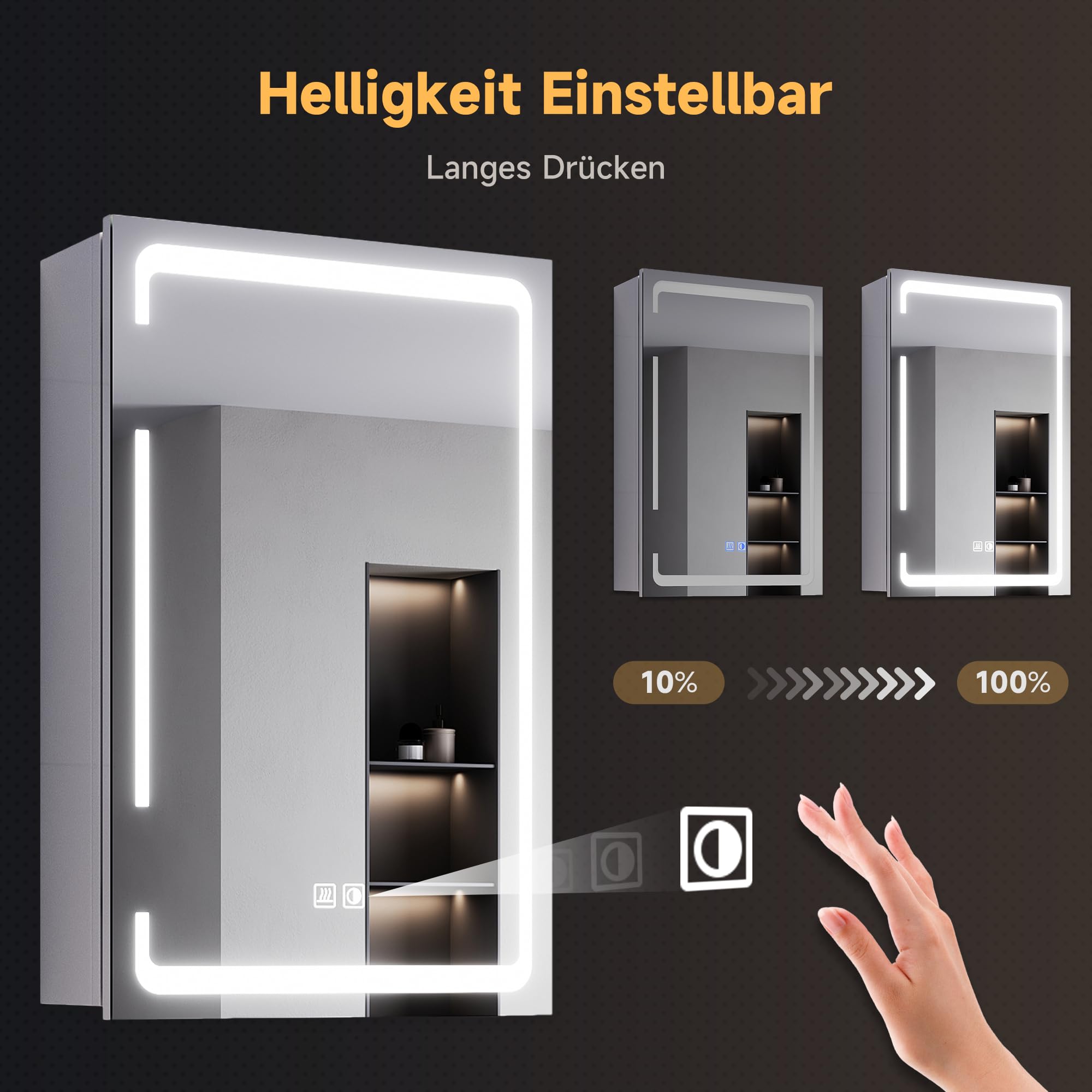SONNI Szafka łazienkowa z lustrem LED, 60 x 38 cm, metalowa szafka z lustrem z dotykowym włącznikiem, 3 kolory światła + defogging, bezprzewodowy zawias, biała, łazienka, szafka medyczna