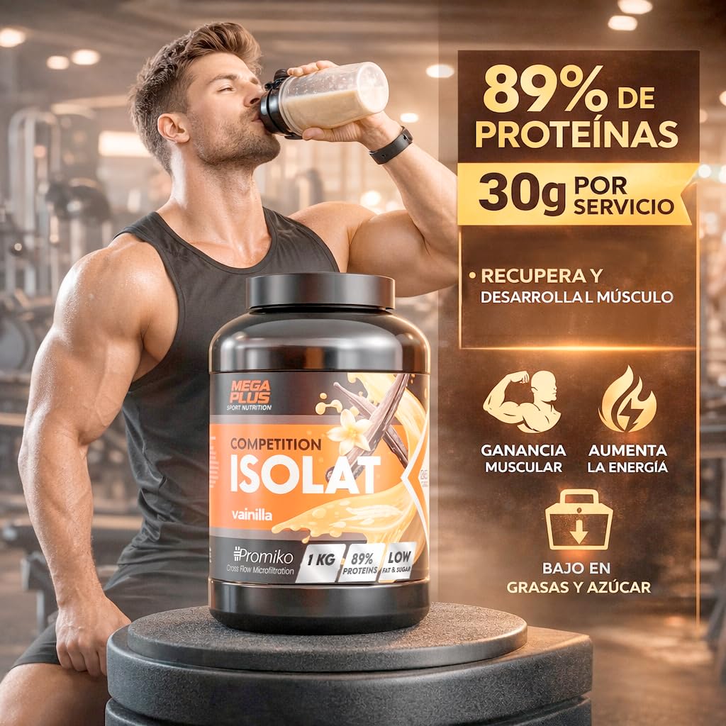 Proteína Isolat Competition - Mega Plus - Promiko - Proteína Aislada De Suero Profesional Para Masa Muscular Y Recuperación Rápida - Proteina Isolate Y Leche En Polvo - Vainilla 1kg