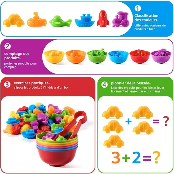 Jeu Éducatif, 47 Pièces Jouet pour Comptage et Tri Jeu Educatif Motricité, Jouet Montessori 2-6 Ans sans BPA, Apprentissage Formes et Motricité(Couleur Aléatoire) - 4
