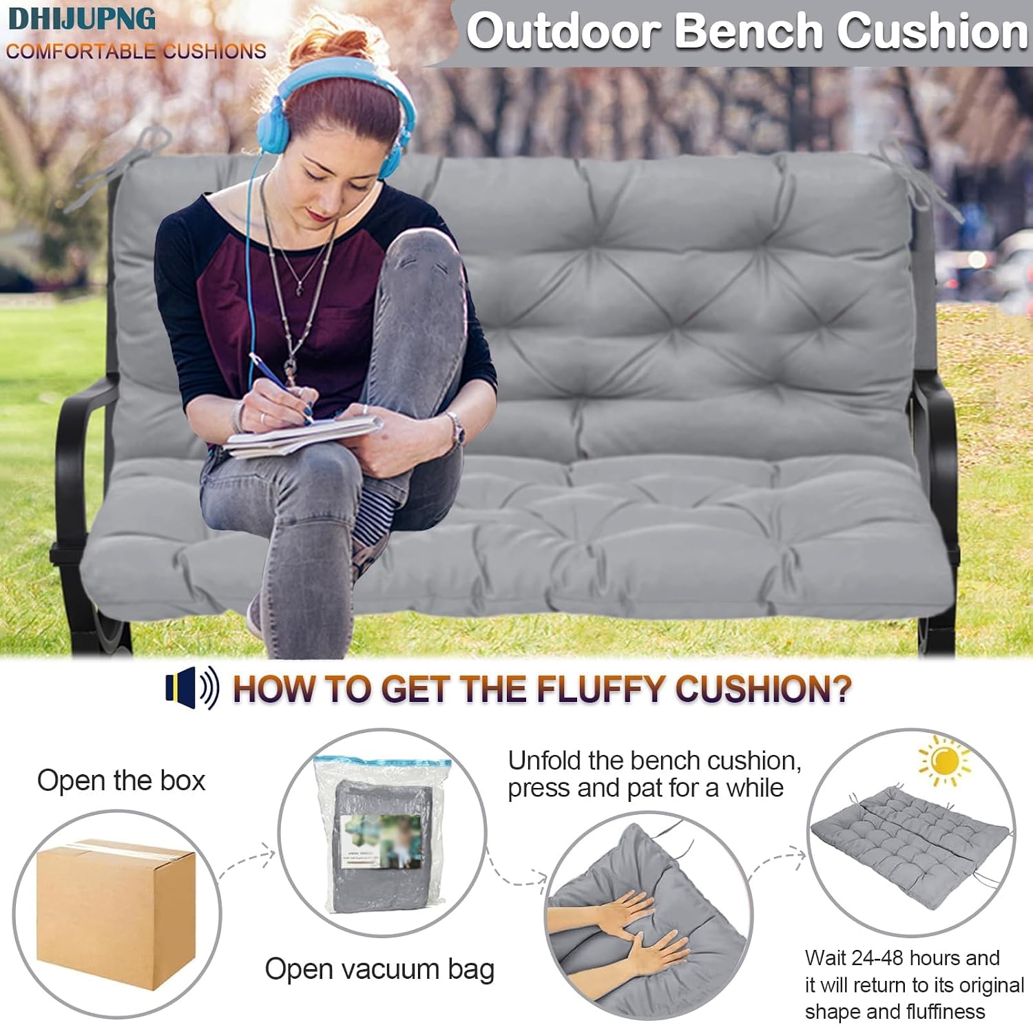 Swing Replacement Cushions with Backrest, 2 Seater Porch Swing Cushions Waterproof Non-Slip Overstuffed Bench Pad Swing Cushion for Outdoor Furniture Backyard Patio(Light Grey,60X40IN)