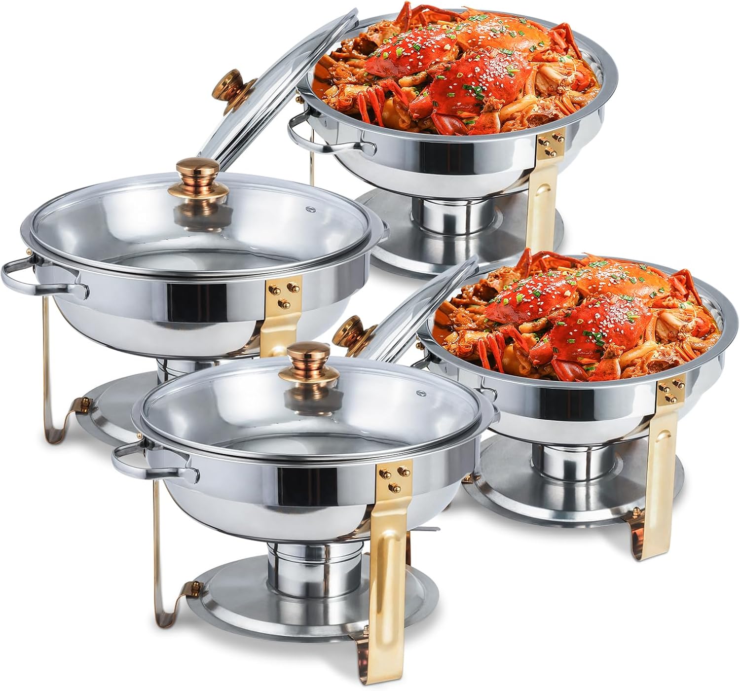 5QT Round Chafers for Catering Chafing Dishes for Buffet Gold Set,Chafers and Buffet Warmers Sets for Parties 4.5L(Gold 4 Pack)