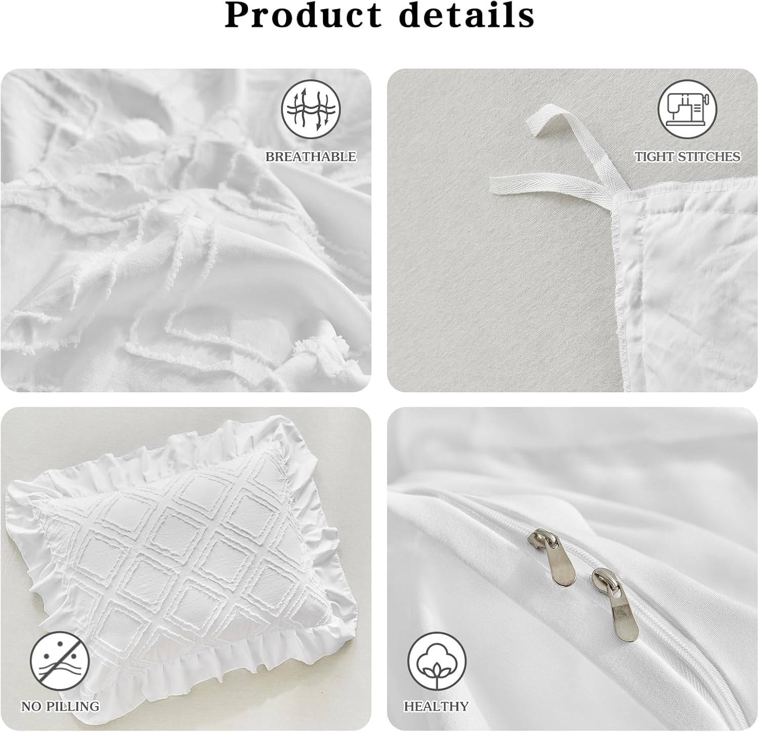 Flysheep Tufted Ruffle Duvet Cover Set King Size, 3 Pieces Vintage Farmhouse Shabby Chic Ruffled Duvet Cover with Zipper Closure, Luxury Jacquard Boho Bohemian Bedding Set (White, King)