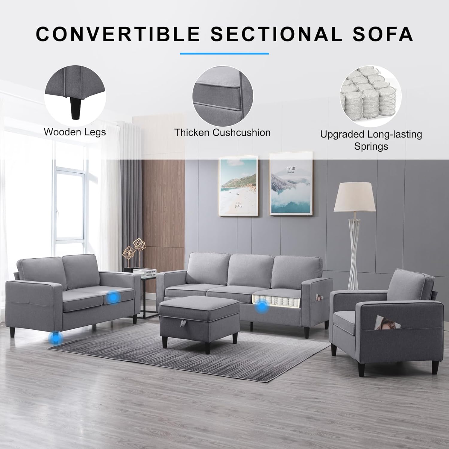 PUREMIND 3 Piece Living Room Couch Set, Modern Linen L Shaped Sofa and Loveseat and Chair Set with Storage Ottoman and Side Pocket, Sectional Couches for Living Room