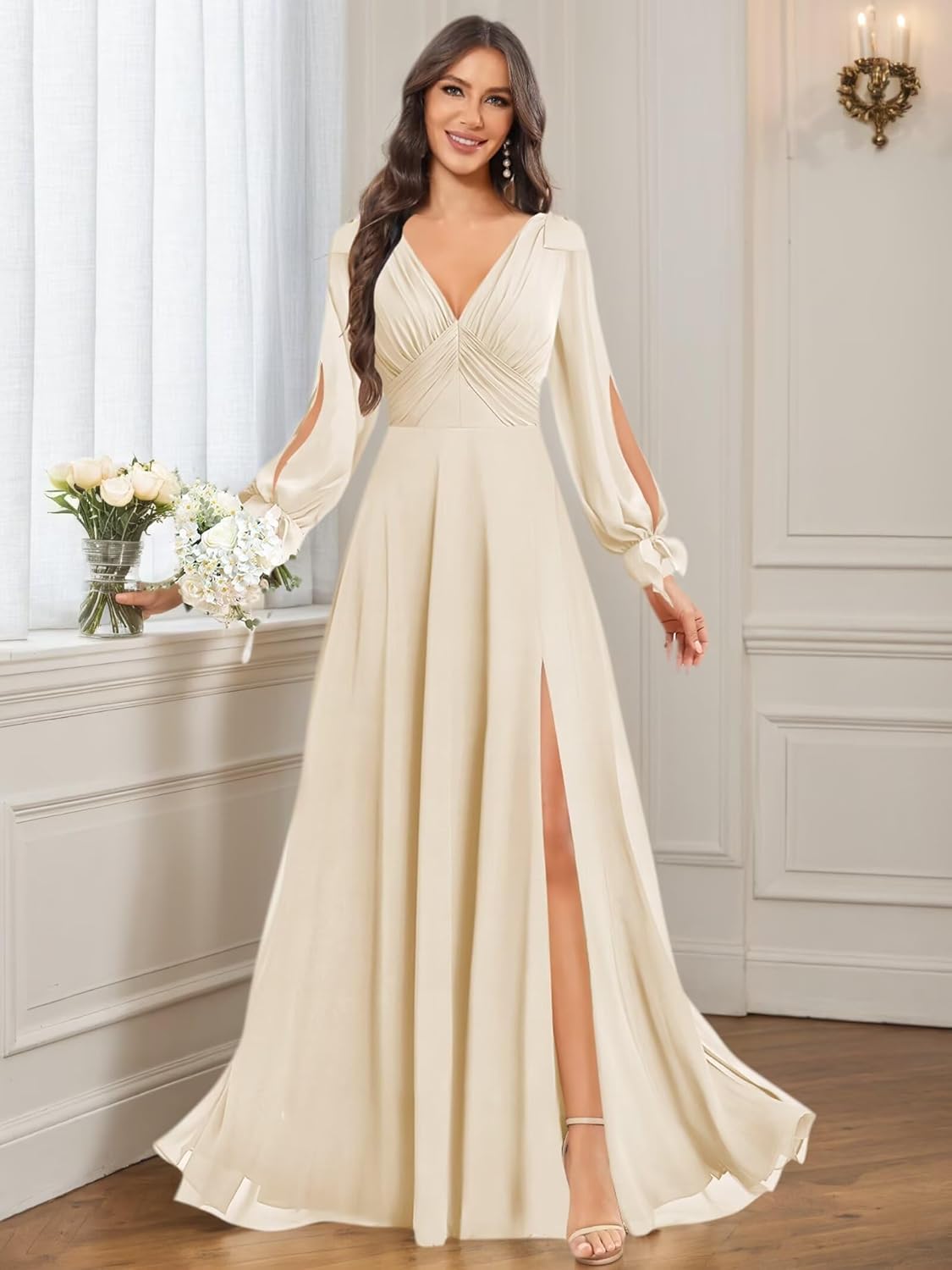 VCCICANY Long Sleeve Bridesmaid Dresses for Women Chiffon Ruched Bow V Neck Formal Evening Gowns with Slit
