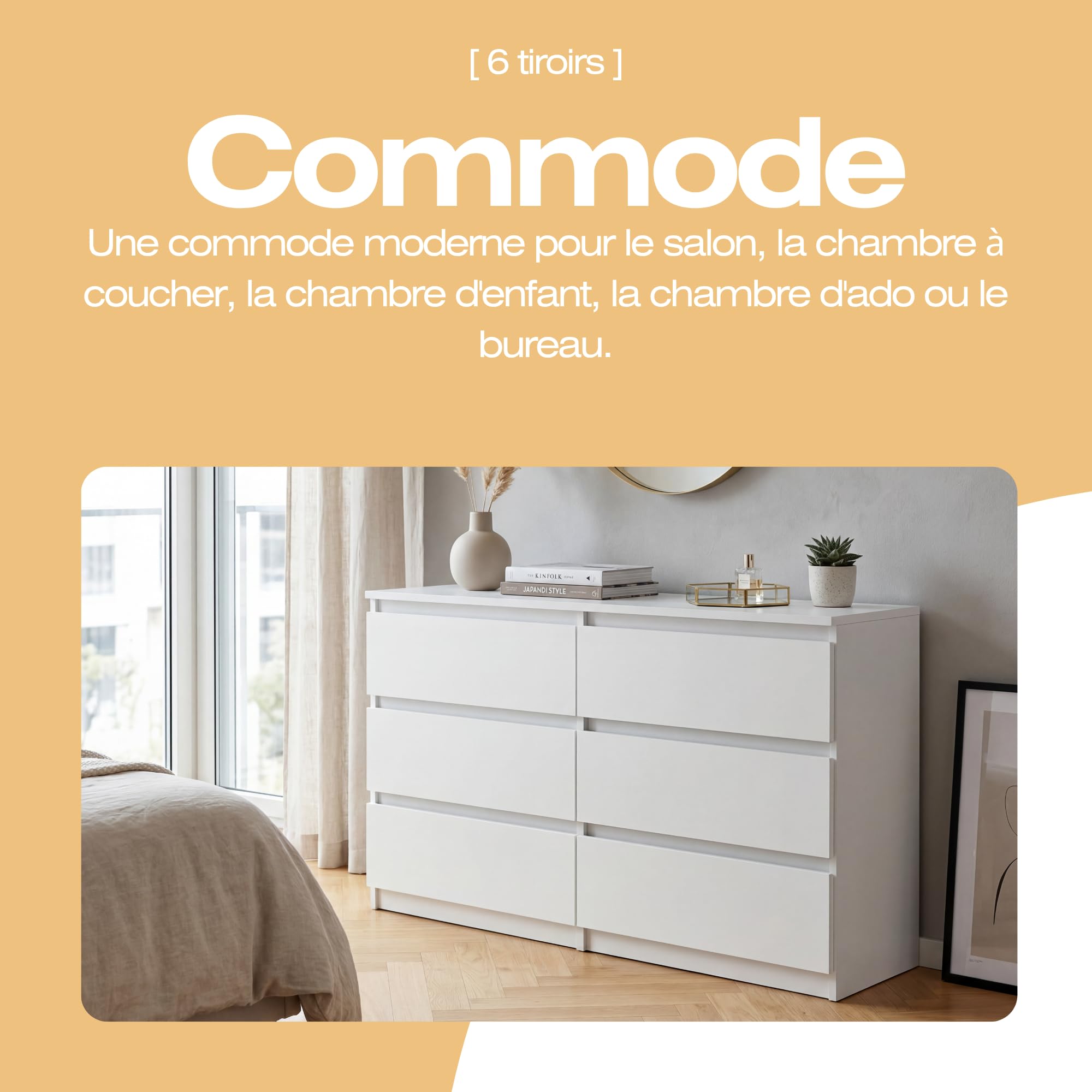 Commode 6 Tiroirs Blanc 120 cm - Design Minimaliste - 120 x 39 x 78,5 cm - Meuble de Rangement Spacieux pour Chambre, Salon ou Bureau