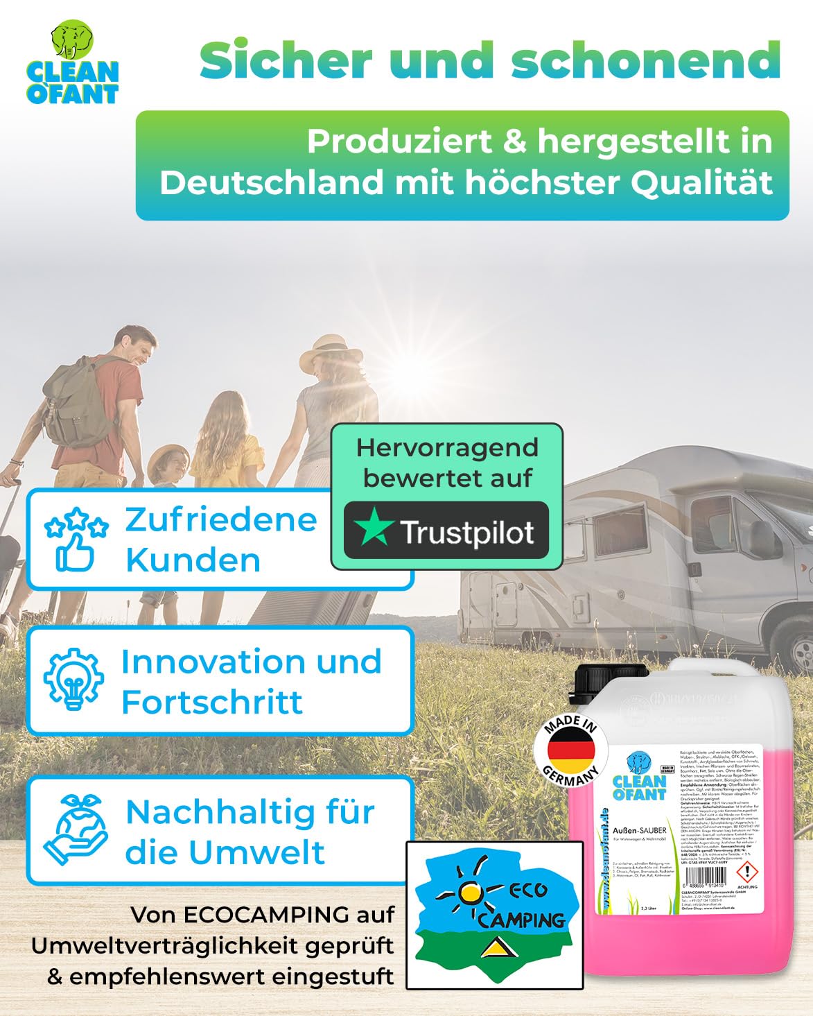 CLEANOFANT Wohnwagen Reiniger Außen-SAUBER | 2,3 Liter | Wohnmobil Caravan Vorzelt reinigen - das Shampoo vereint Außenreiniger, Insektenentferner, Felgen- & Motorraum-Reiniger