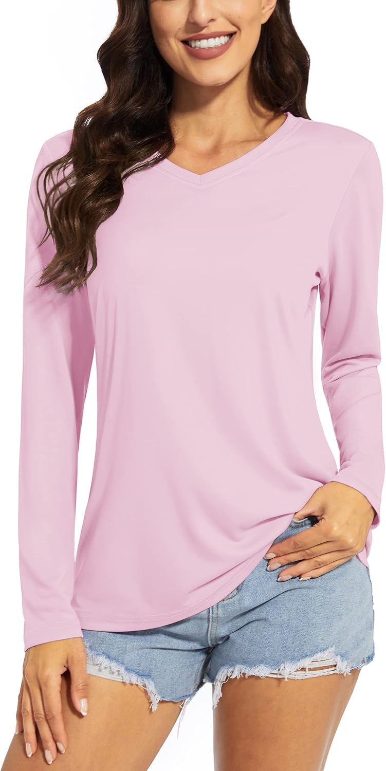 TACVASEN Women's UPF 50+ Sun Protection V Neck Long Sleeve Tops Quick Dry Hiking Running Workout T-Shirts Light Pink XX-Large