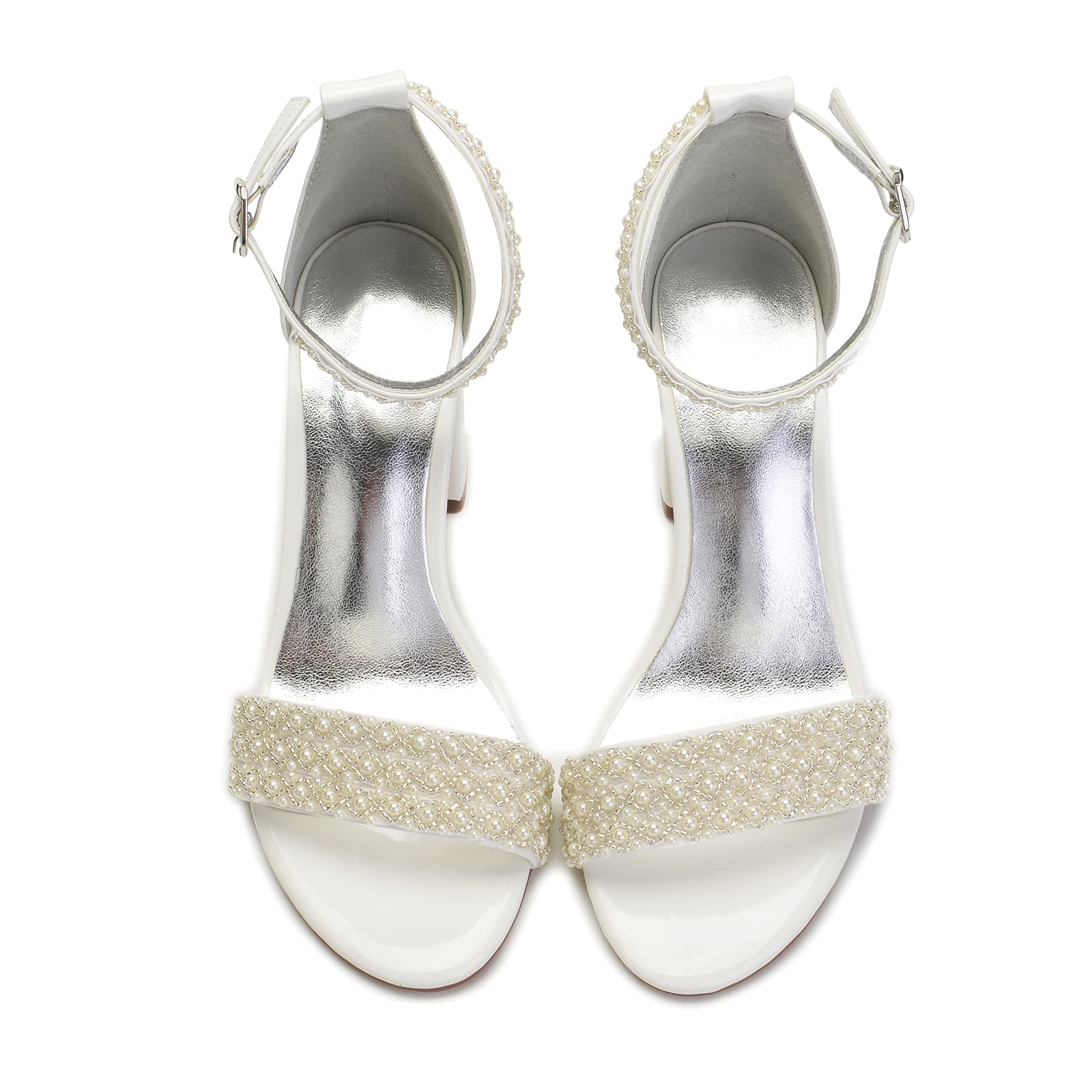 Sandali Sposa con Tacco Largo da Donna Perle Cinturino alla Caviglia Punta Aperta Scarpe da Matrimonio 858-8