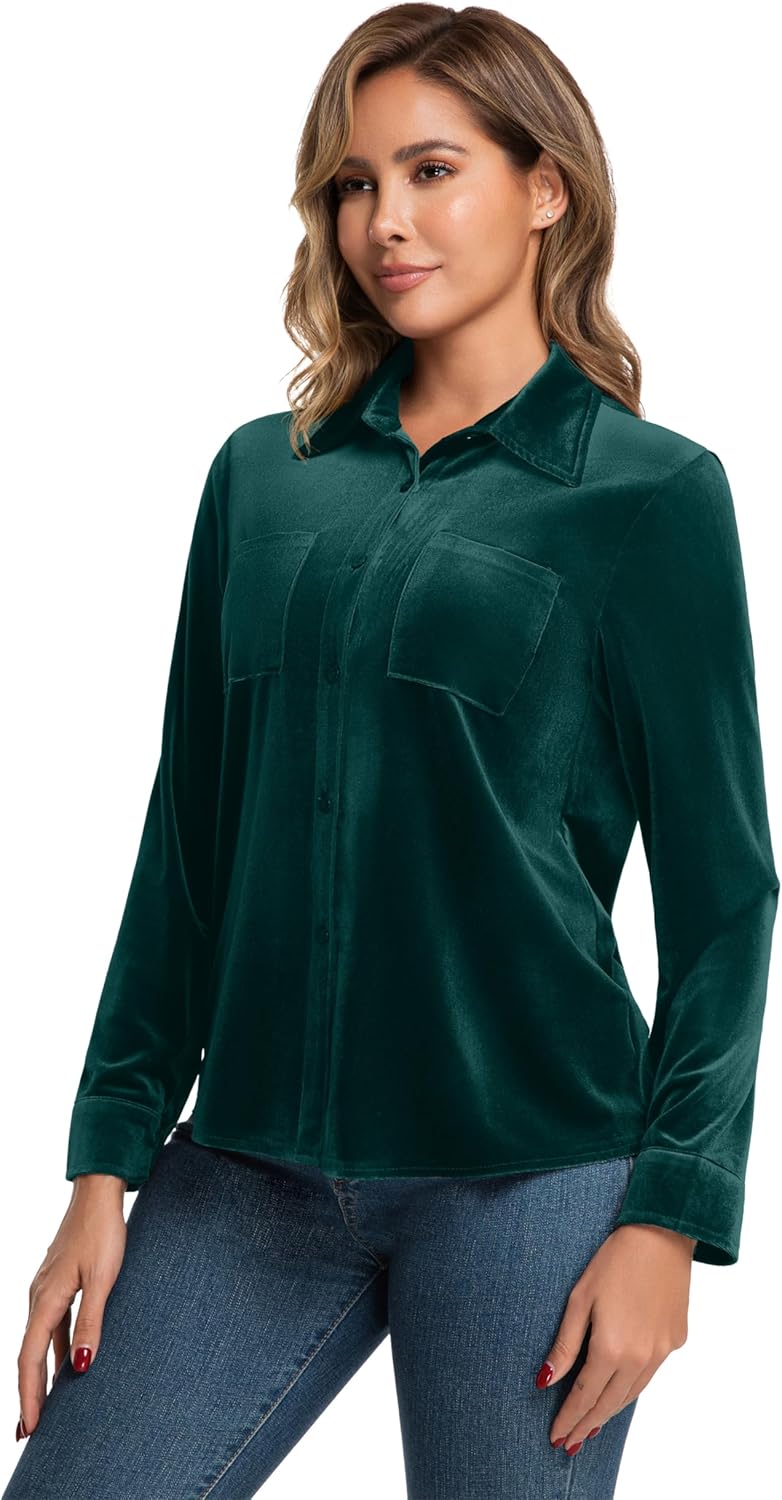 Womens Velvet Tops Casual Vintage Long Sleeve Lapel Neck Button Down Shirts Trendy Clothes 2025 - Image 2