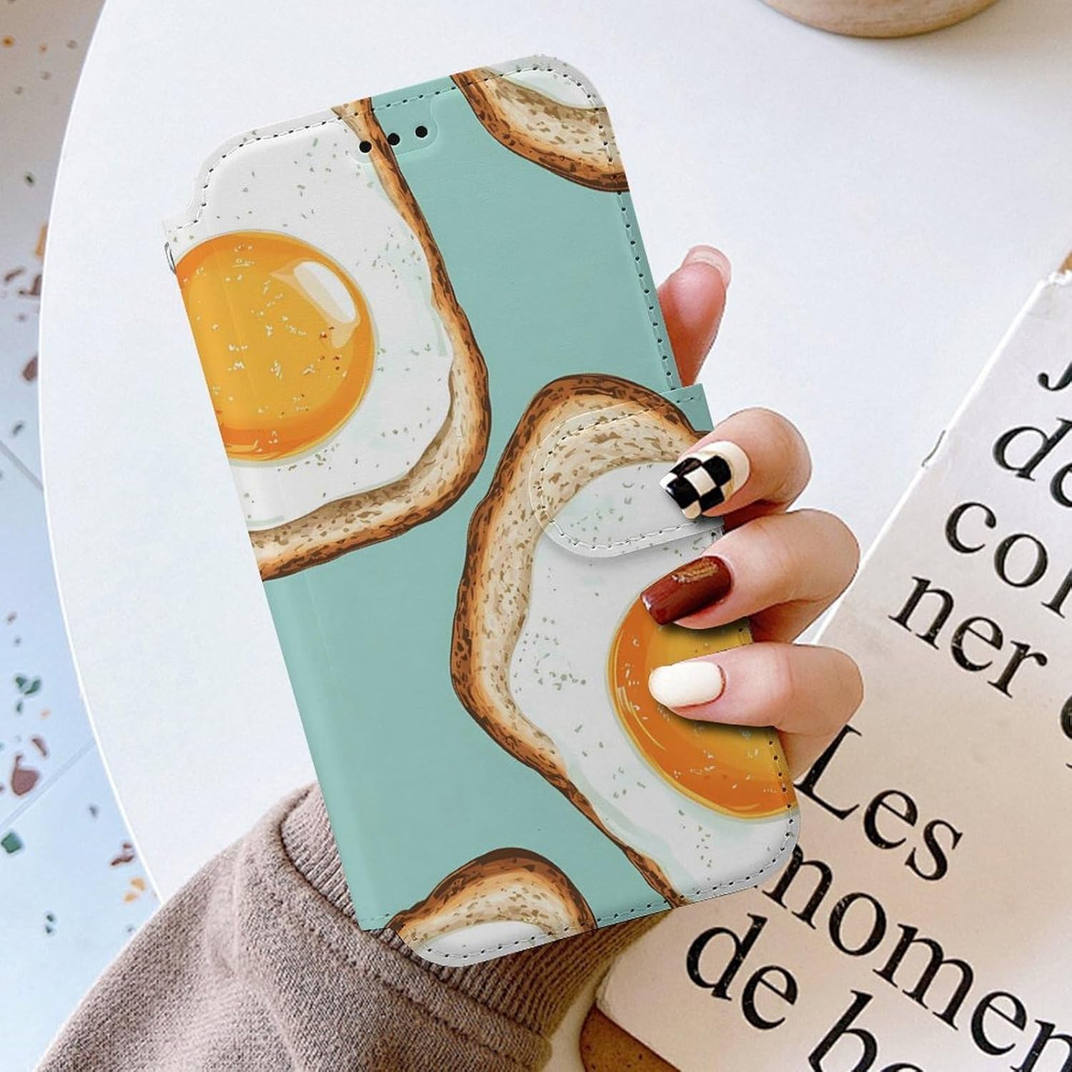 Fried Eggs and Bread Compatible with iPhone 16/16 Plus/16 Pro/16 Pro Max/16 E Case Phone Wallet Card Holder Flip Cover with Wrist Strap