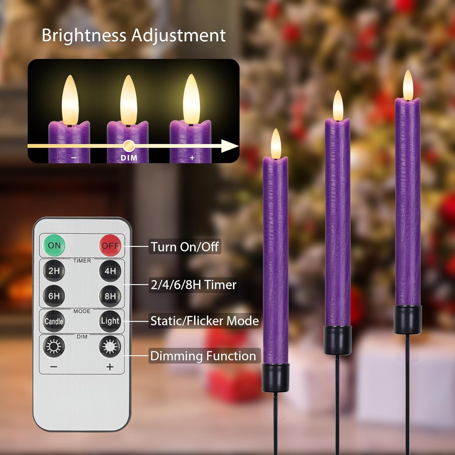 Purple Flameless Taper Candles with Remote, 6 Pack Real Wax Battery Operated Candles, 9.6 Inch Flickering Led Christmas Candlesticks Decorations for Winter Home Holiday Xmas Gift