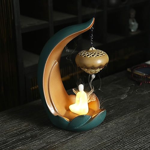 Miniatura 3 de Zen Life Quemador de incienso de cerámica con iluminación y 50 piezas de cono de incienso - Buda meditando en el loto