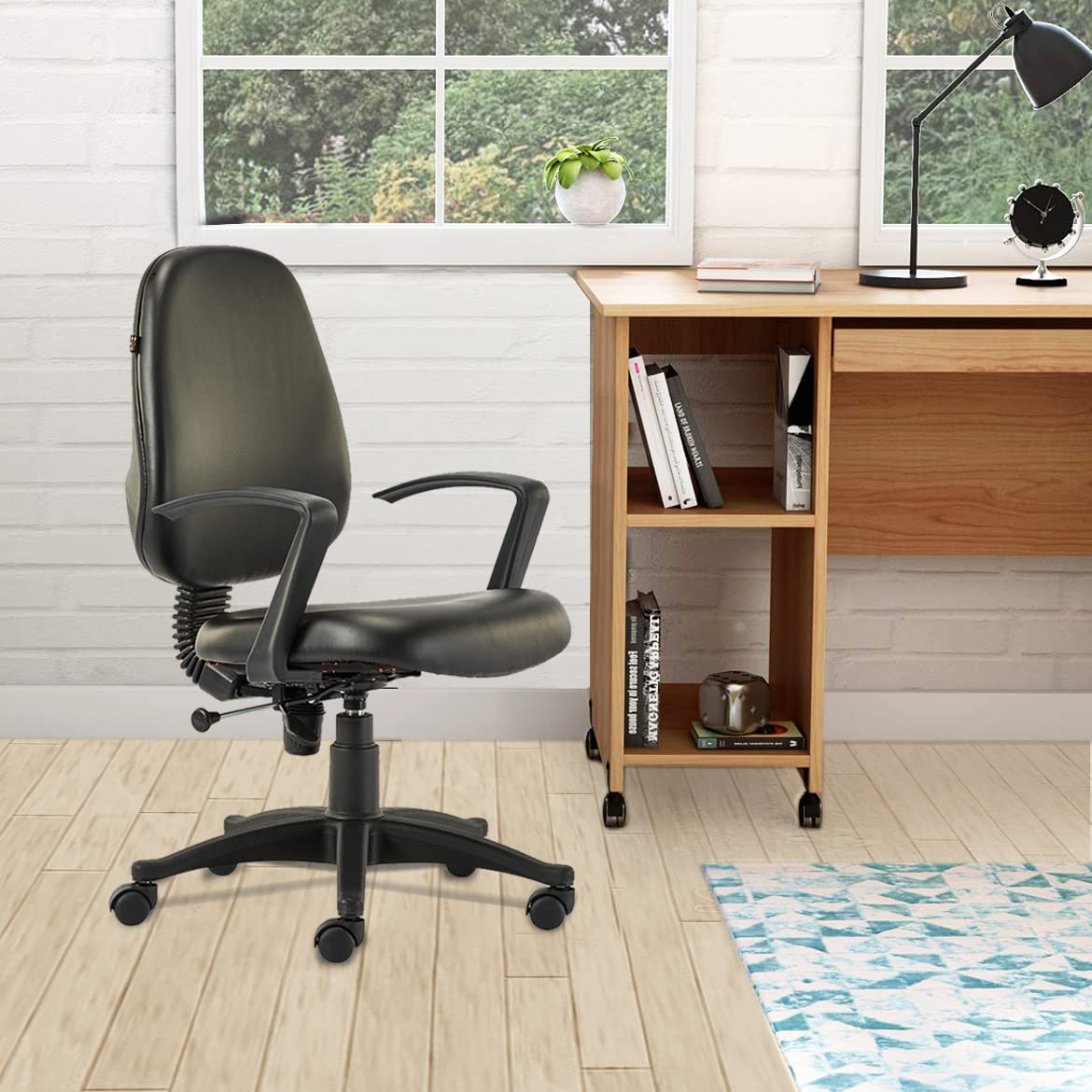 HOF® F502 Ergonomic Mid Back Office Computer Desk Chair with Adjustable Hight and Rolling Swivel| Leatherette Thick Padded Nylon Base Study Chair– Black