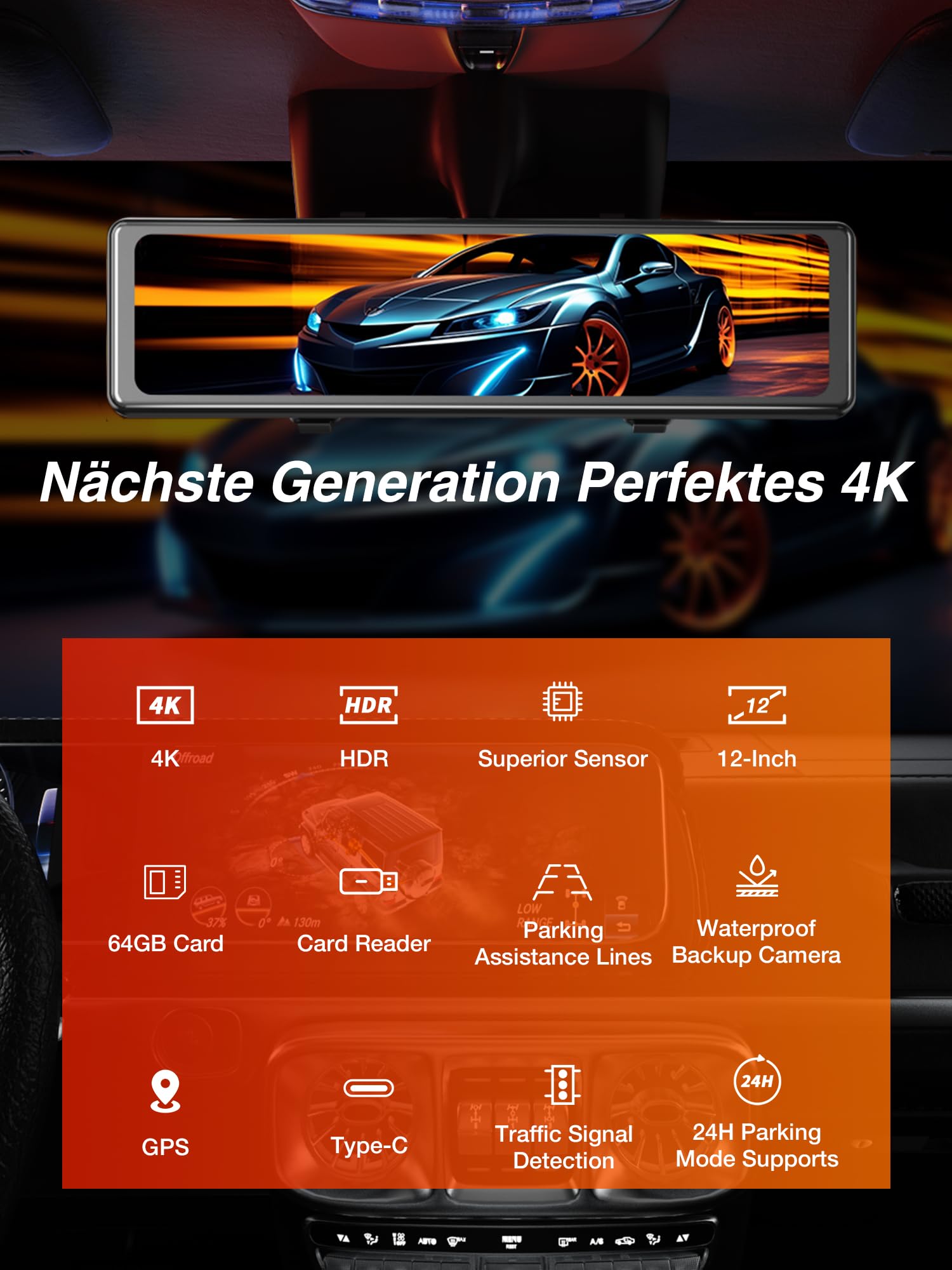 iZEEKER 4K Dashcam Voiture Avant Arrière, Caméra Rétroviseur 4K Écran Tactile, Carte SD 64GB, GPS, Écran 12", G-Capteur, Enregistrement Boucle, Assistance Parking, Mode Parking 24H, Vision Nocturne.