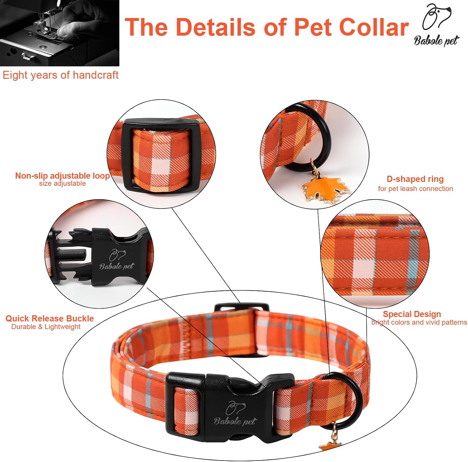 Fall Dog Collar Cute Orange Plaid Puppy Collar - Light Comfortable Adjustable Pet Collars for Small Medium Large Girl Boy Dogs M image 3