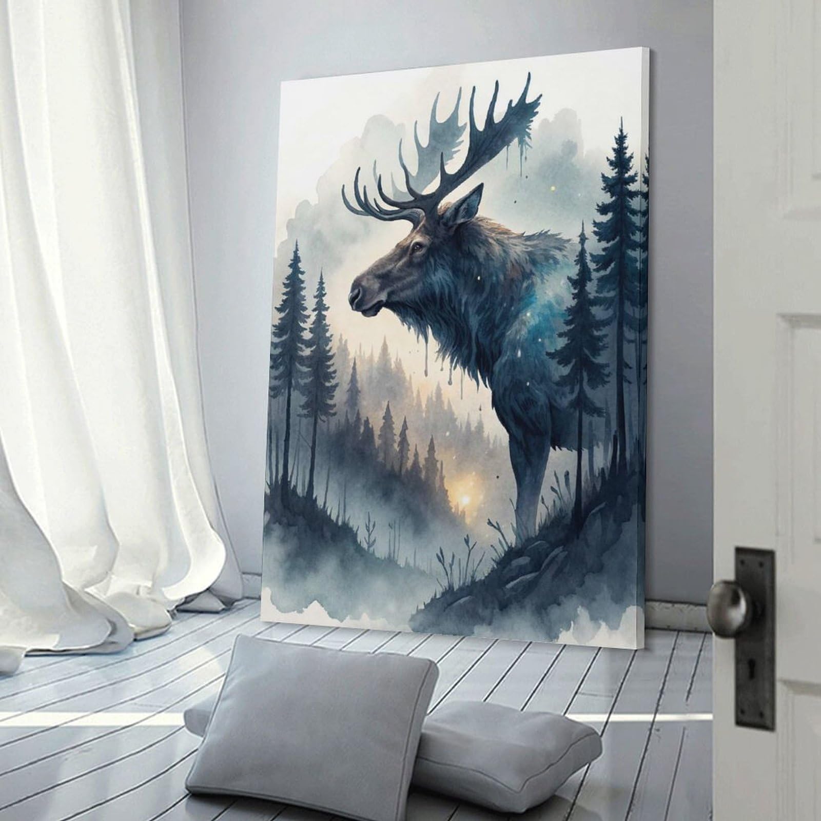 Junmoney Canvas Art Print Majestic Moose in Misty Forest, 20x30inch(50x75cm), for Office, Study Or Home Workspace, Home Office Artwork with Decorative Appeal
