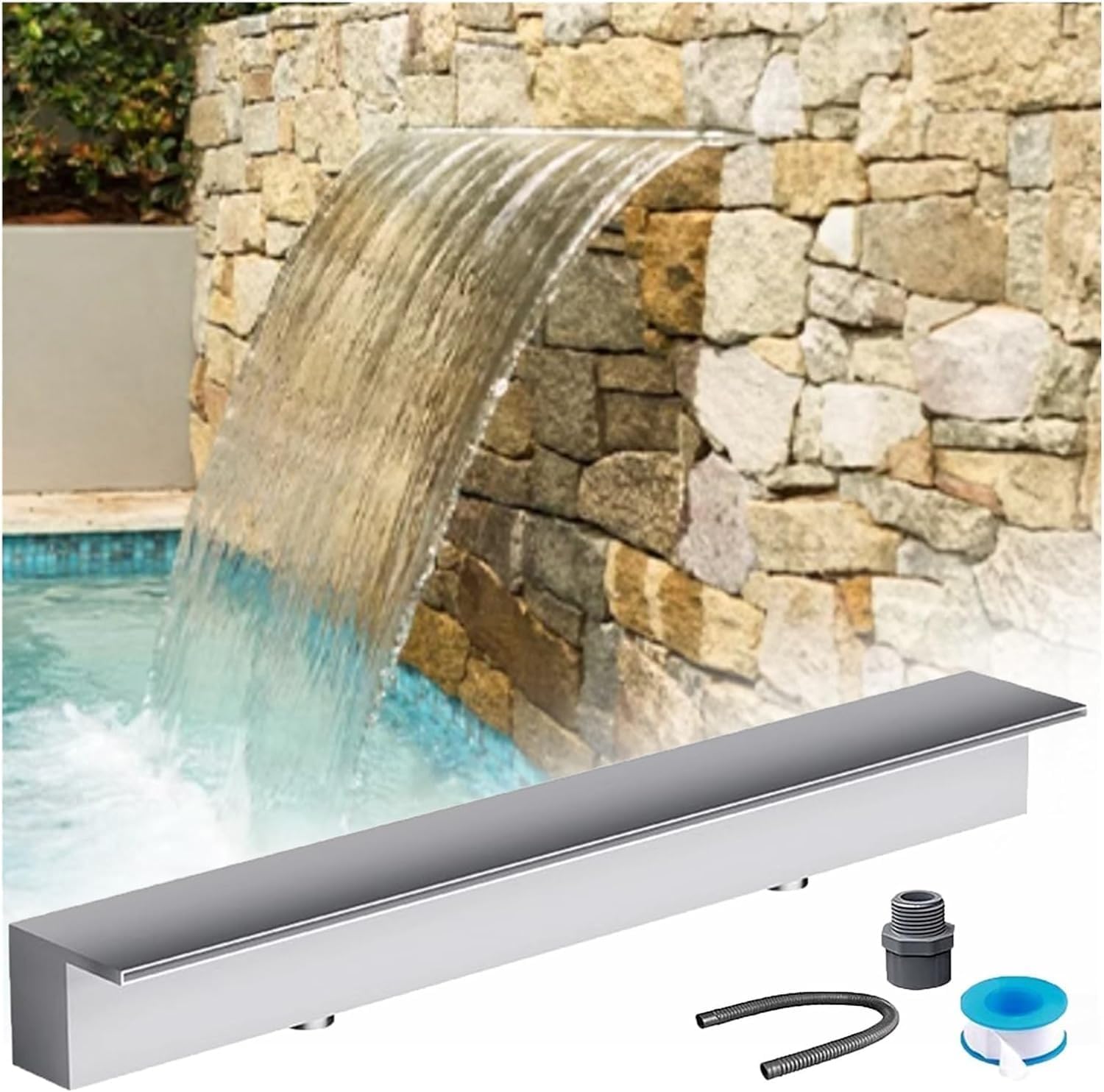 Hidden in-wall Decor Water Fountain Spillway Kit, 10" 20" 30" 50" 70", Stainless Steel Pool Waterfall Feature Device Even Consistent Flow(Silver,Outlet Wide 52in/132cm)