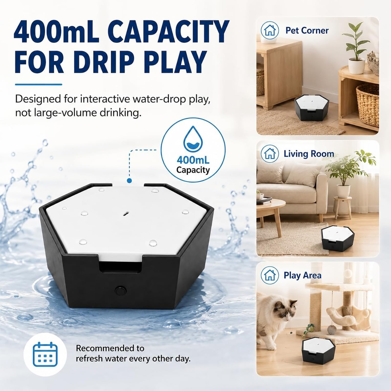 Gioco Automatico A Goccia Dacqua per Gatti, con Telecomando, Ideale per Gatti da Interno. capacità Dellacqua: 400 Ml. Pompa di Protezione Contro Il Funzionamento A Black Plug-in