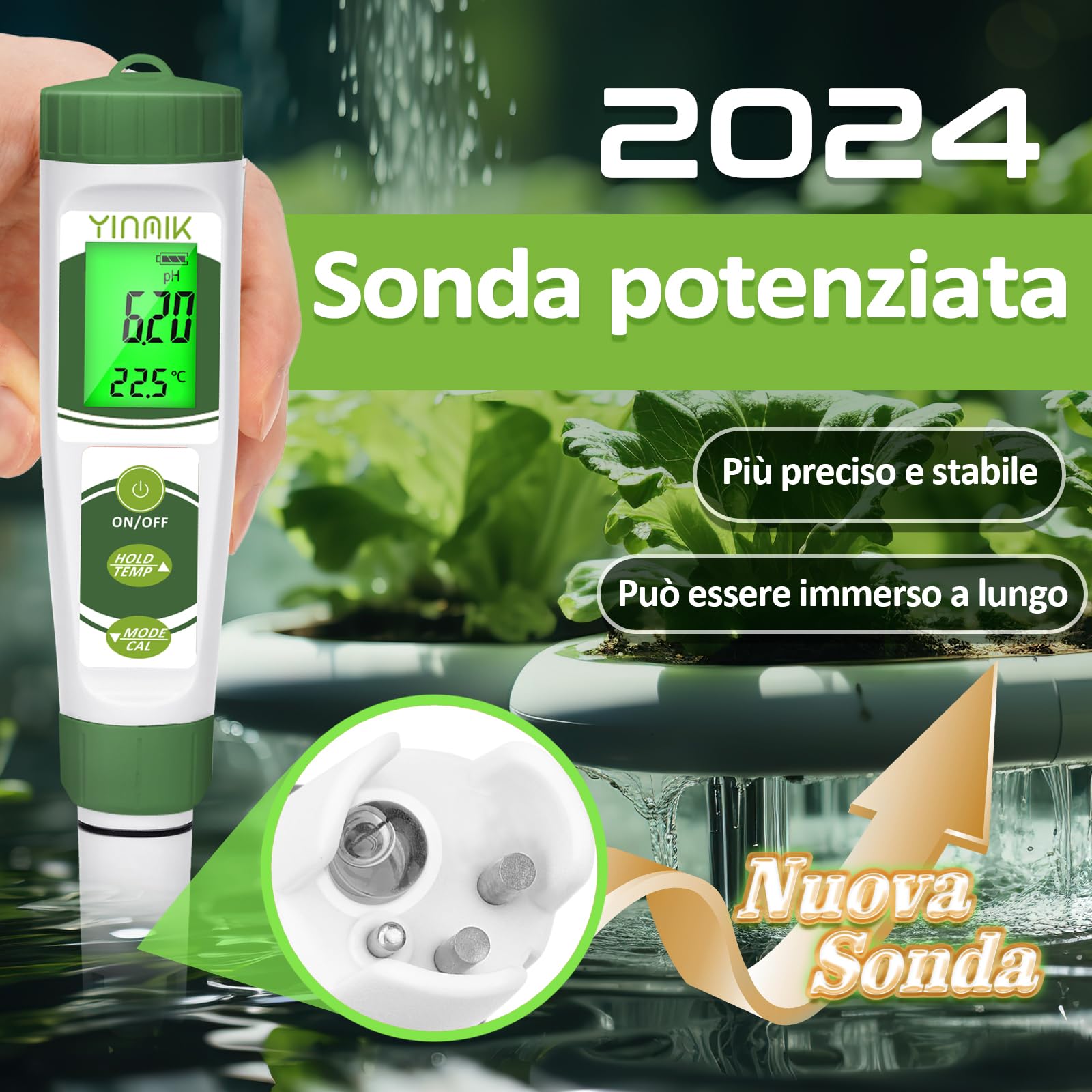 YINMIK Misuratore di pH elettronico Nuovo 2024, Tester pH per piscine, 4 in 1, Conduttimetro, Tester PPM, Misura pH EC TDS e Temperatura per coltura idroponica, Spa, Acqua potabile, Acquario
