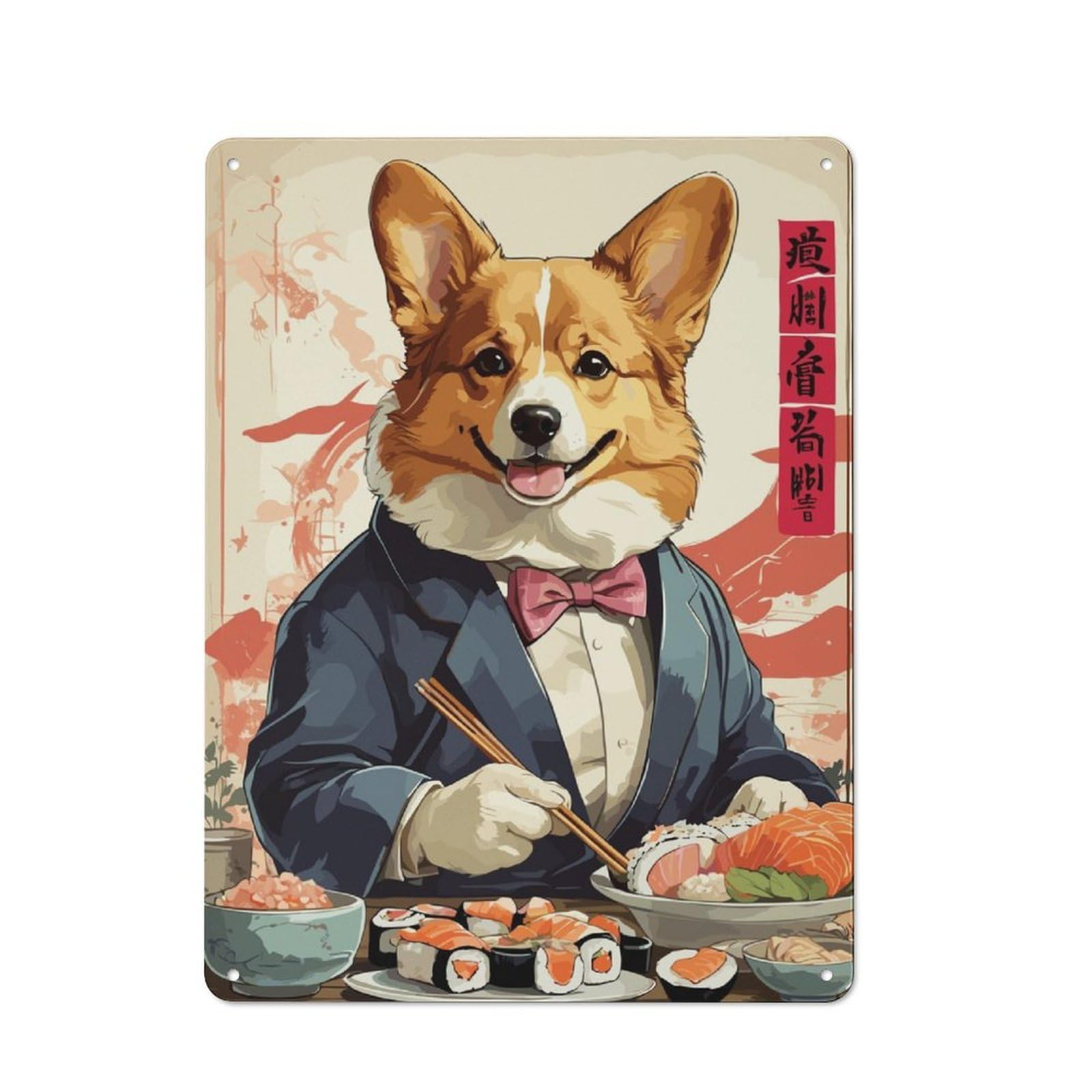 Junmoney Corgi Sushi 40X30cm Retro Metal Sign With For Man Cave Or Games Room, Tin Sign Wall Decor For Games Rooms And Man Caves