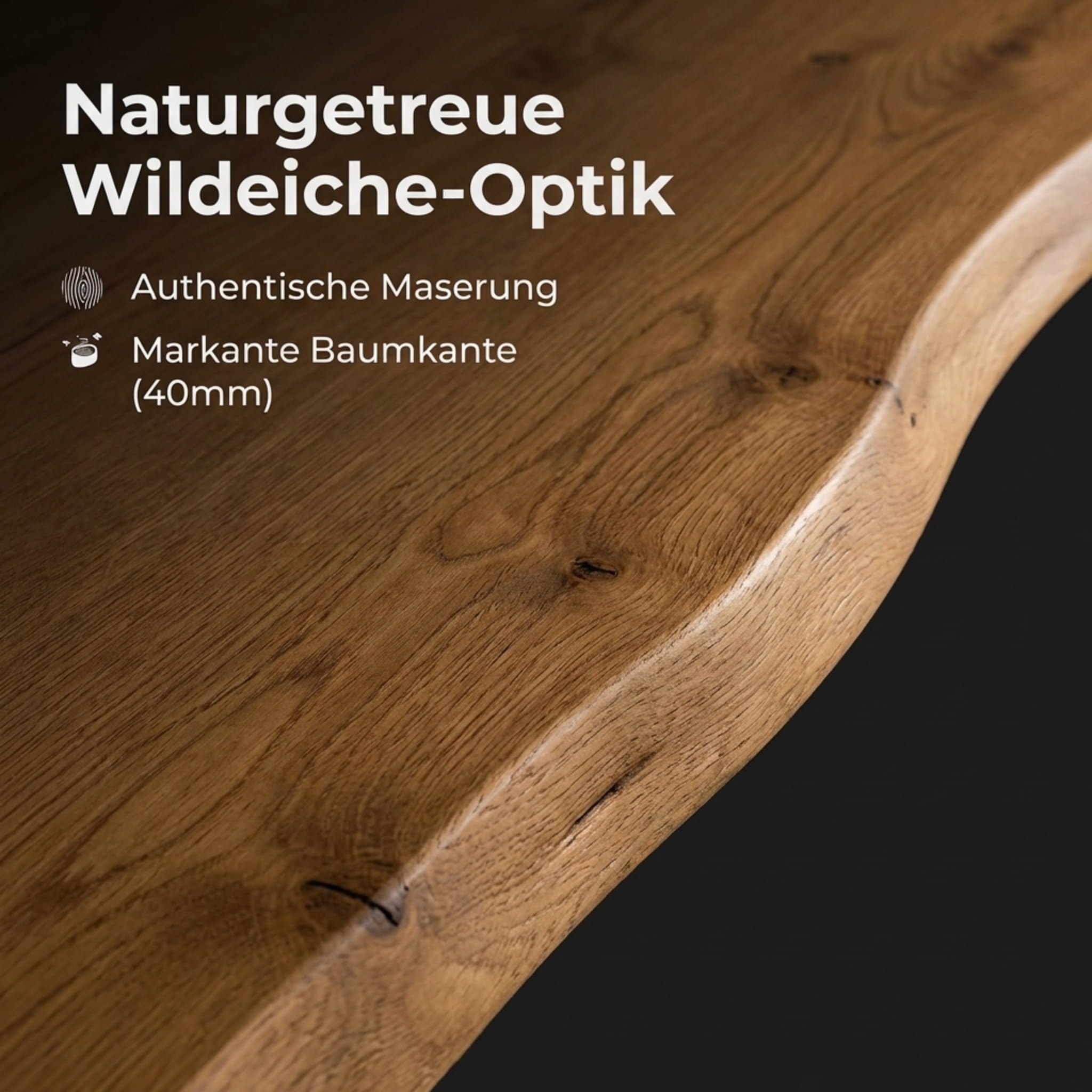 Esstisch 180x90 cm Eiche schwarz Baumkante Spider-Gestell Holz Casa | 40mm Eiche-Optik, Baumkantentisch aus, Massiva