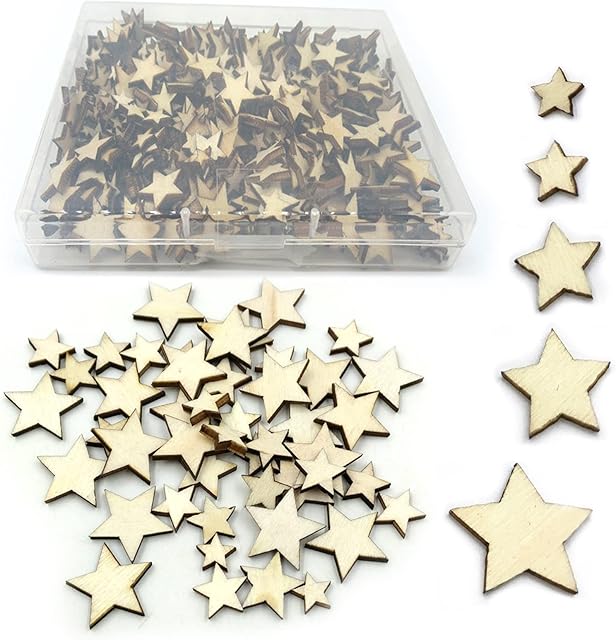 Wooden Stars for Crafting, 500pcs Wooden Craft Star Shapes Ornament 5 Mixed Sizes Mini Wood Stars Embellishments for Wedding Scrapbook DIY Decoration