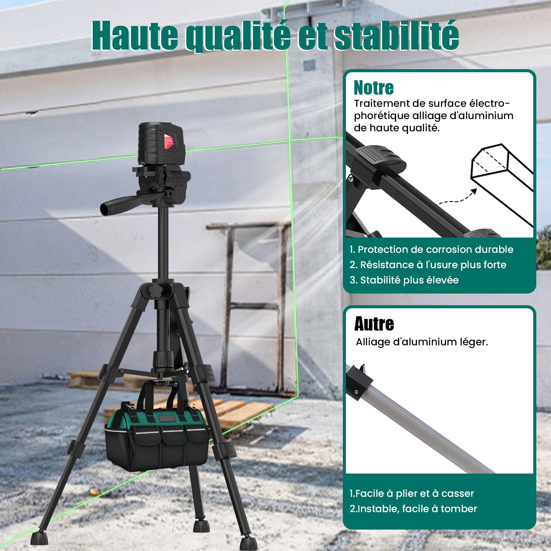 HYCHIKA Trépied pour Niveau Laser, Basculement et Rotation du Niveaux Laser de 90°, 180°et 360°Verticalement ou Horizontalement, avec 1/4" Filetage, Sac en Tissu (Hauteur: 30-65 cm)