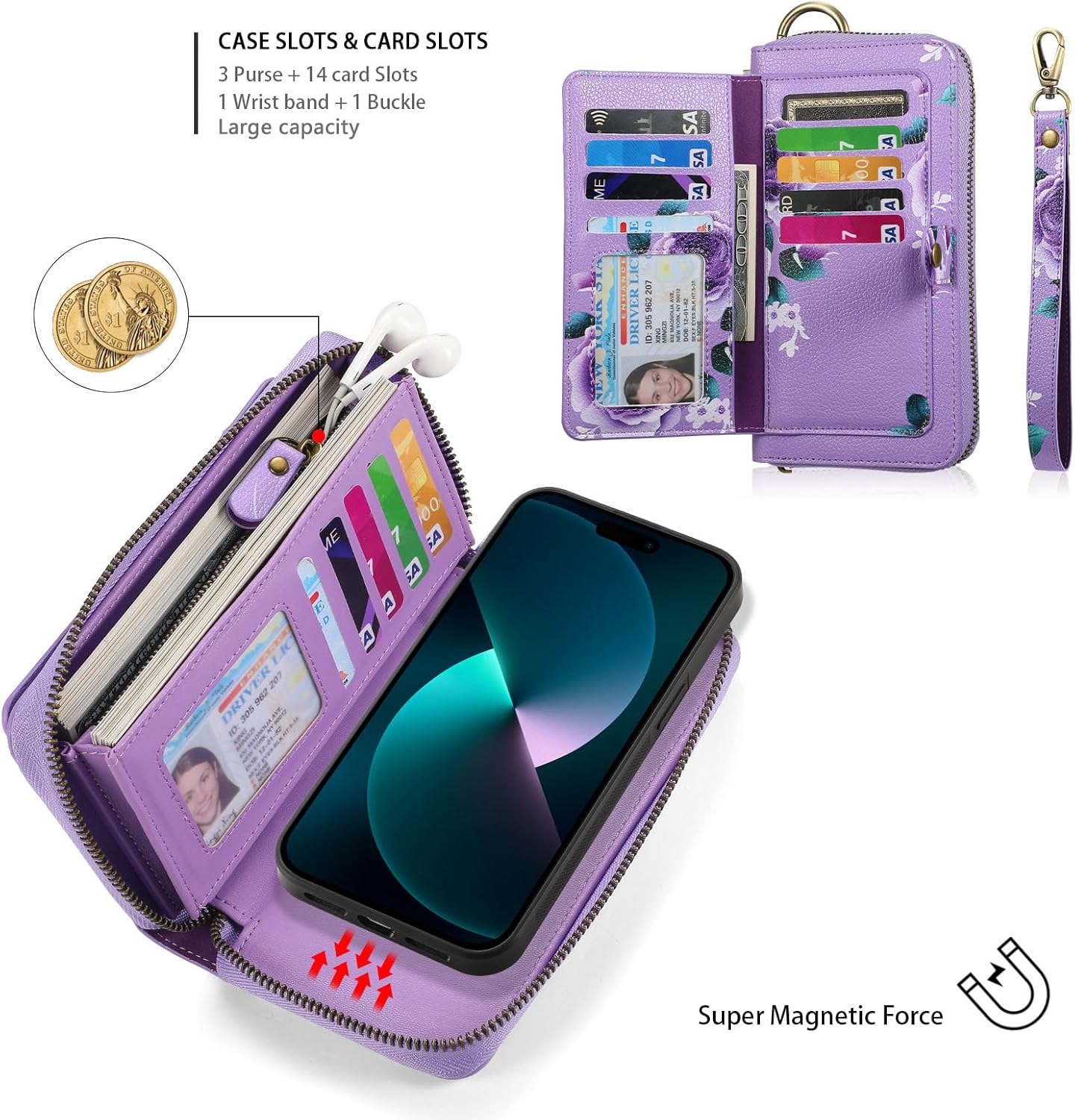 LITOU Compatible for iPhone 15 Pro Max Phone Case Wallet for Women Men，Wristlets Zipper Leather Wallet Flip Case，RFID Blocking Card Holder,Detachable Magnetic Cover Case.PF