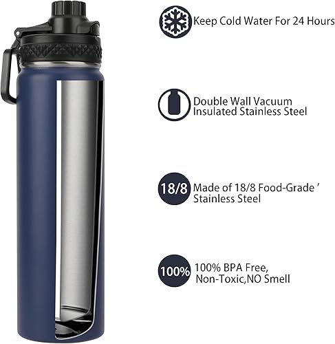 Miniatura 2 de Botella de agua de 24 onzas para 2 tapas (tapa con pajilla), a prueba de fugas de acero inoxidable con aislamiento al vacío, doble pared, taza