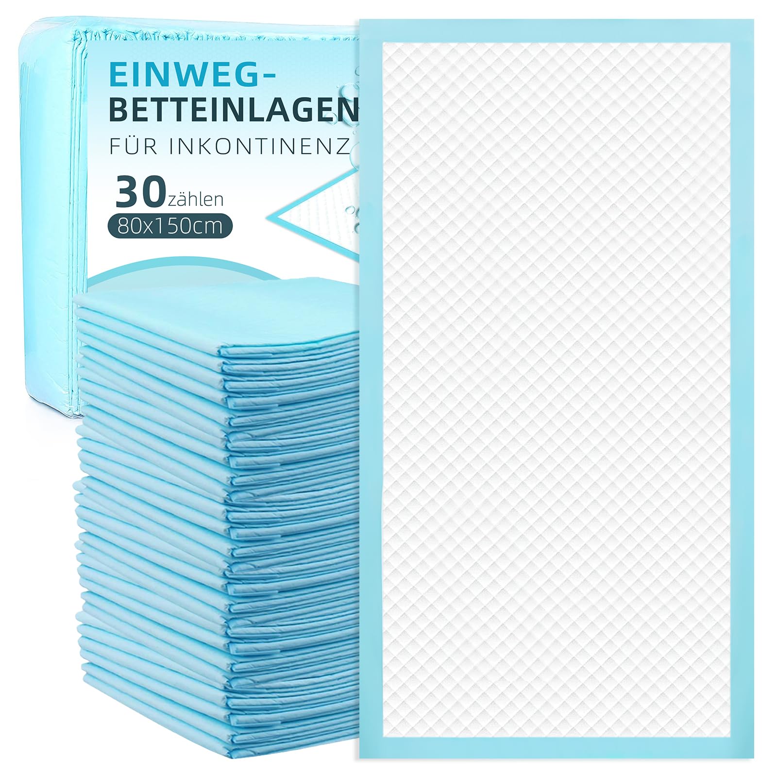EasyVibe Wegwerf-Bettpads für Inkontinenz 80x150cm-30 Stück Betteinlagen Inkontinenz Einweg Erwachsenen, Heavy Duty Bettpads Inkontinenz, Einweg-Wickelunterlagen, Pee Pads Extra Large