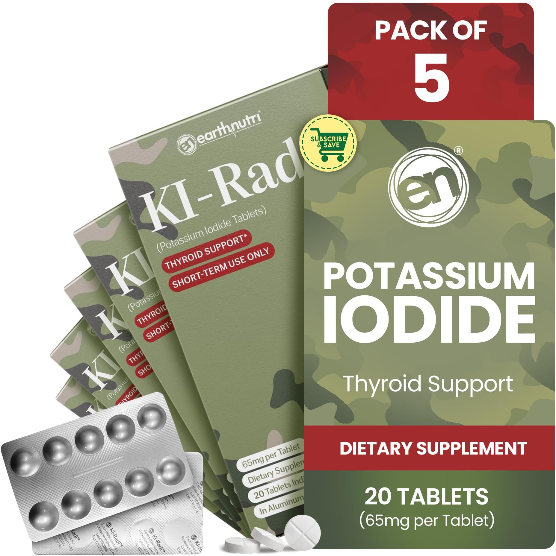 EarthNutri KI-Radi™ Potassium Iodide KI Tablets 65 mg – High Potency Iodine for Thyroid Support, Emergency Preparedness – Potassium Supplement in Foil-Foil Blister – 100 Tablets (5 Pack of 20)