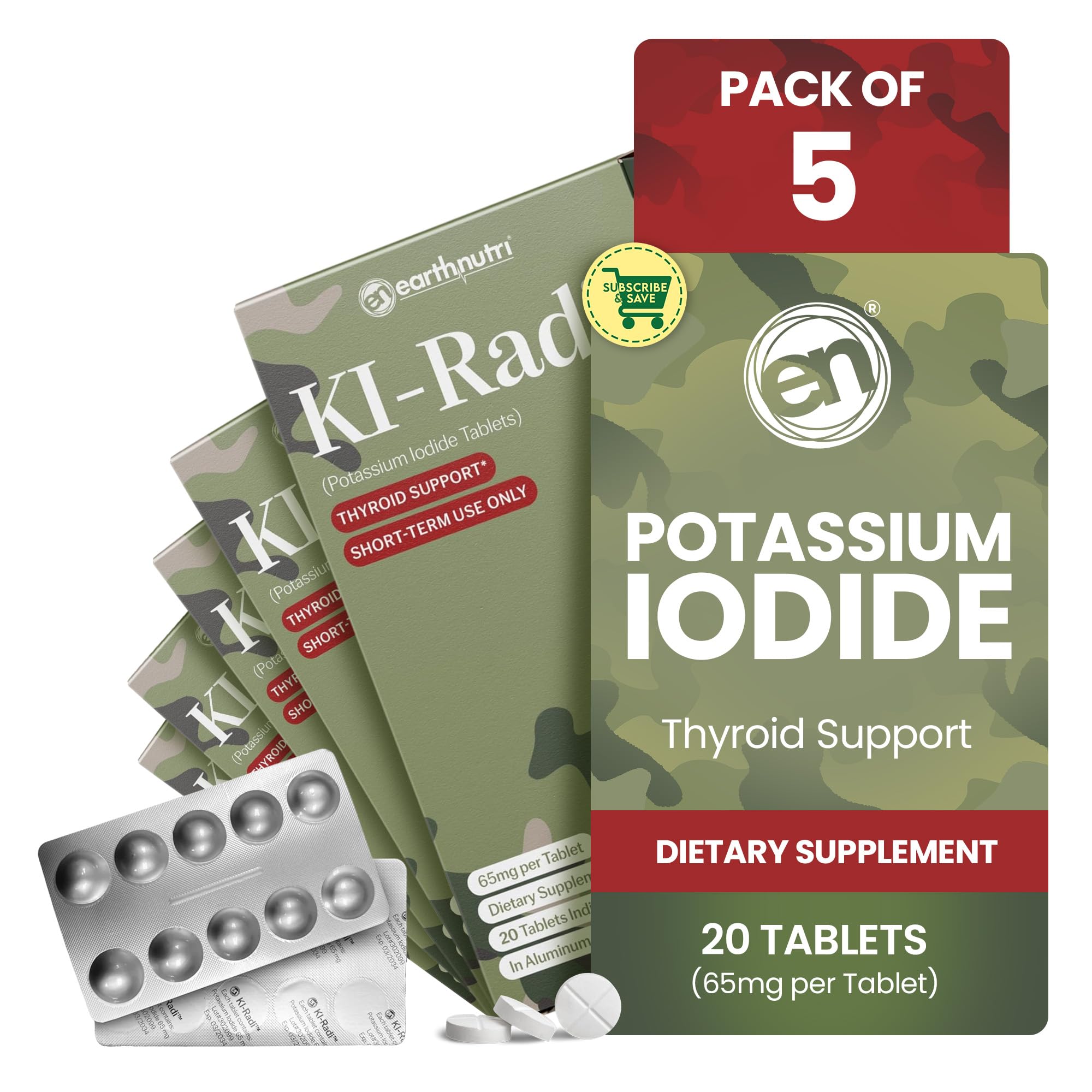 EarthNutri KI-Radi™ Potassium Iodide KI Tablets 65 mg – High Potency Iodine for Thyroid Support, Emergency Preparedness – Potassium Supplement in Foil-Foil Blister – 100 Tablets (5 Pack of 20)