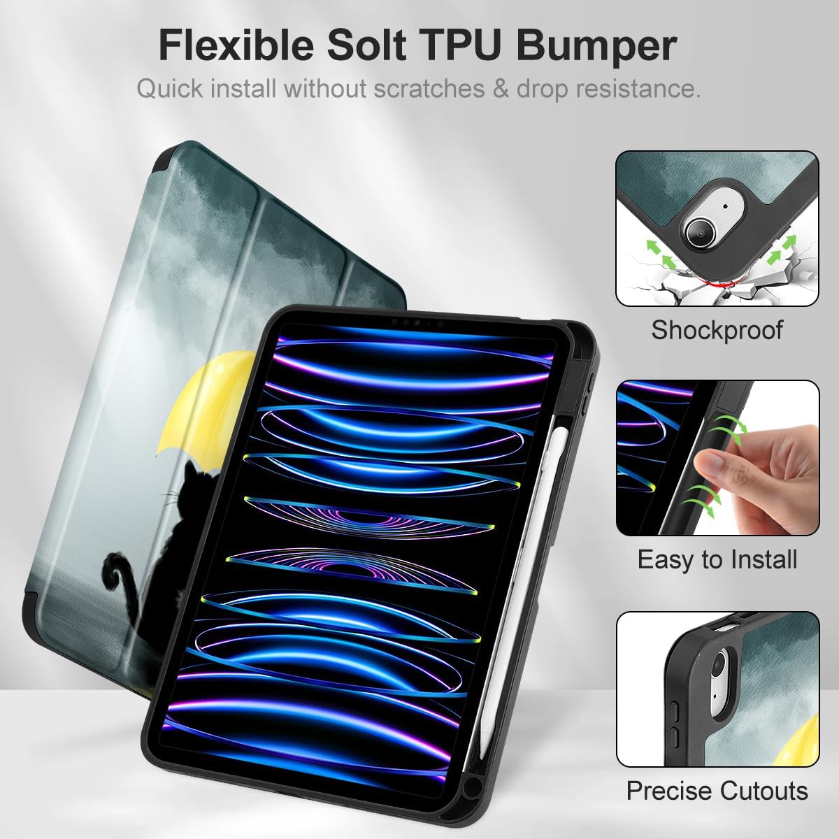 Tuiklol Case for iPad Air 13 inch 2024 with M2 Chip Model A2898/A2899/A2900 - Built in Pencil Holder,Slim TPU Protective Back Tablet Cover with Smart Trifold Stand Auto Wake/Sleep,Black Cat