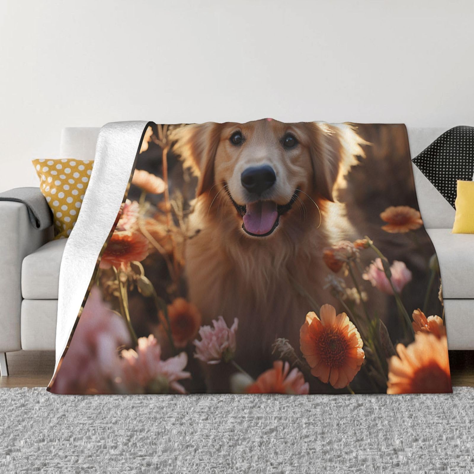 Golden Retriever and Flowers Throw Blanket 60"x50" Flannel Fluffy Warm Blanket for Couch, Reversible Plush Blankets for Bed, Comfy Fuzzy Blanket for Sofa, Plush Lightweight-Blankets for All Season