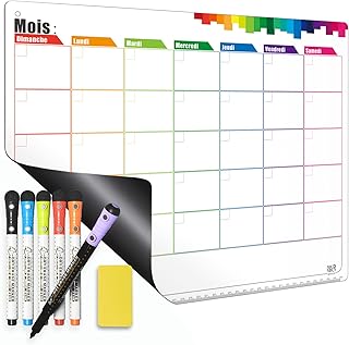 French Magnetic Calendar for Refrigerator Monthly Dry Erase Fridge Planner -Extra Thick Magnet, 5 Dry Erase Markers & 1 Wet Erase Marker & Eraser
