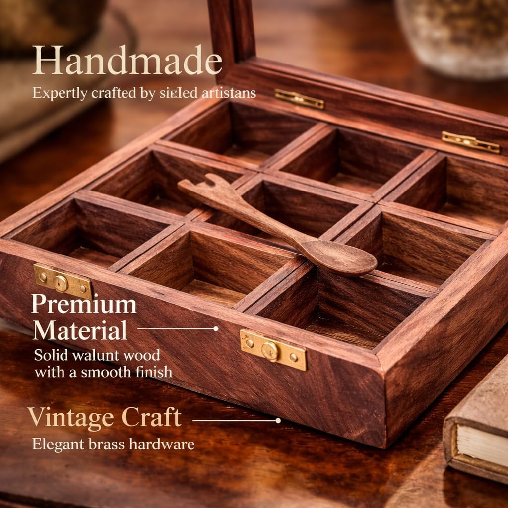 collectiblesBuy Handcrafted Wooden Spice Box 8x8 with 9 Compartments Rustic Brown Kitchen Organizer Storage Container for Spices Condiments Pantry Dining Table Decor