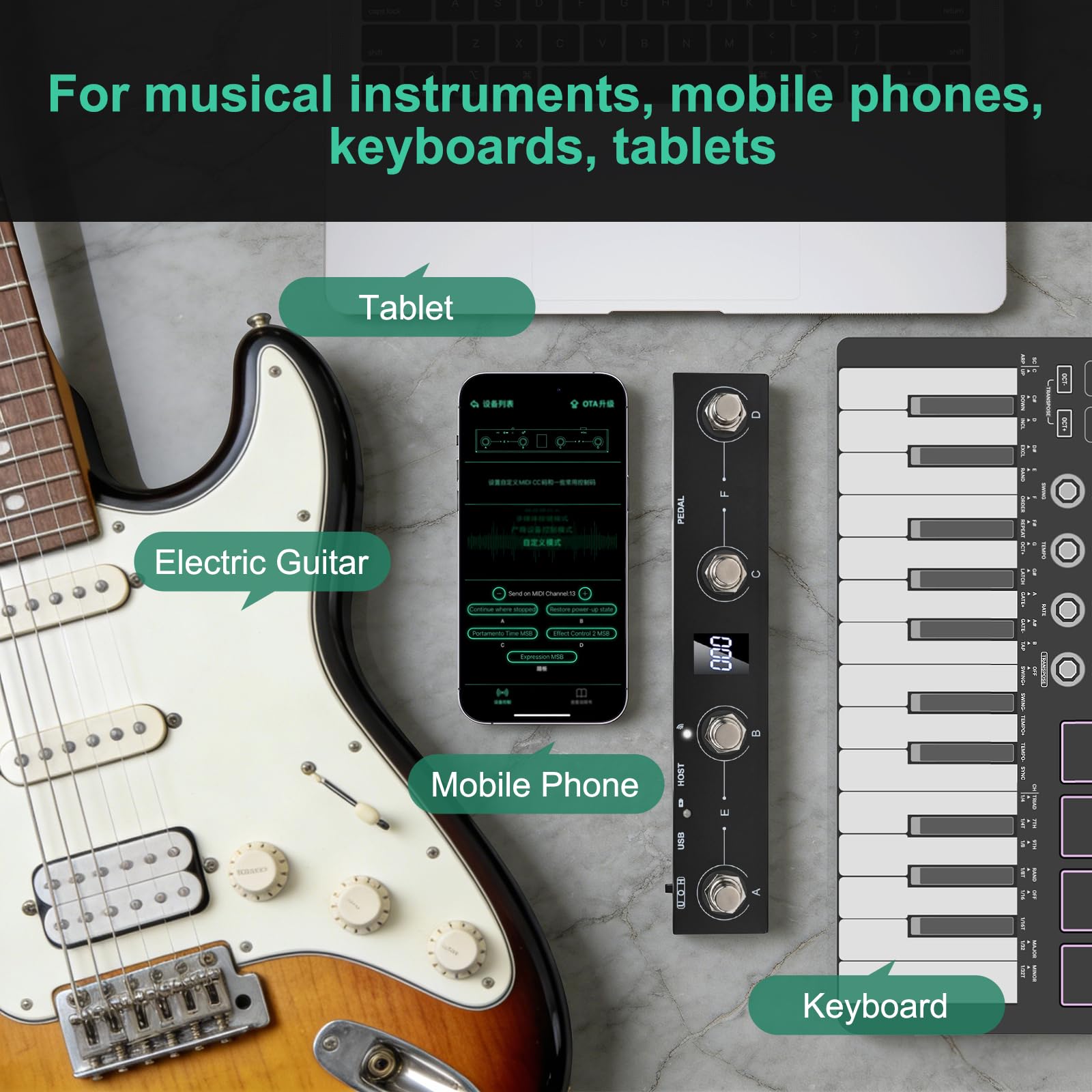 M-VAVE/Chocolate Plus Contrôleur MIDI/pédale avec 4 boutons programmables Construction en métal Connectivité USB Batterie rechargeable 12 heures de lecture pour musiciens interprètes (Noir)