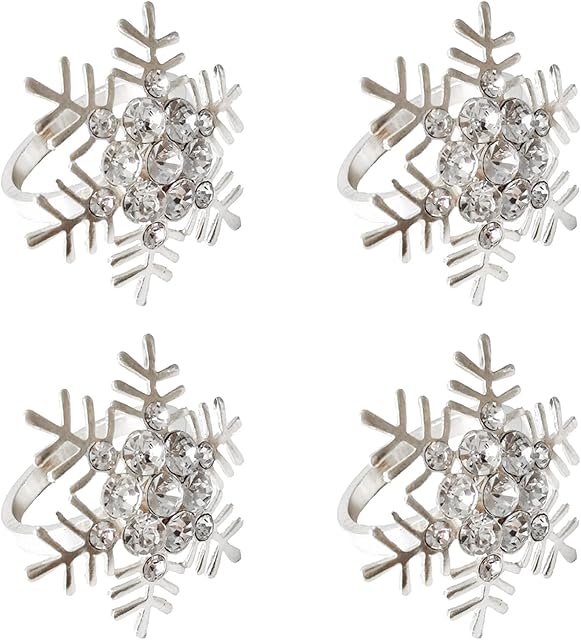 Christmas Napkin Ring Set 4Pcs Snowflake Napkin Holder Rings Silver Gold Modern Household Napkin Rings Rhinestone Exquisite Napkins Rings for Wedding Banquet Christmas Party Dinner Table Decor-Silver