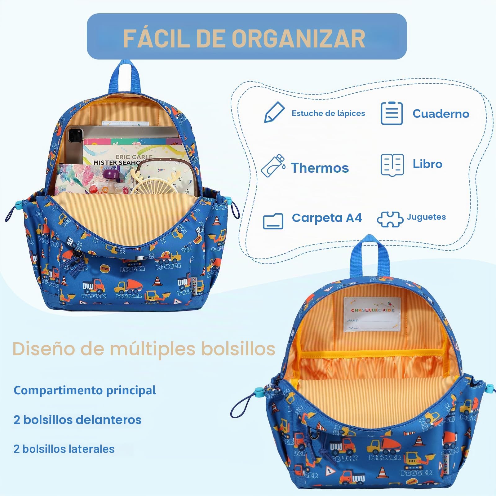 Chase Chic Mochila Escolar Niño Azul Celeste Construcción 5-9 Años - Tamaño Mediano 13L (Apto A4) Resistente al Agua Ergonómica para Primaria