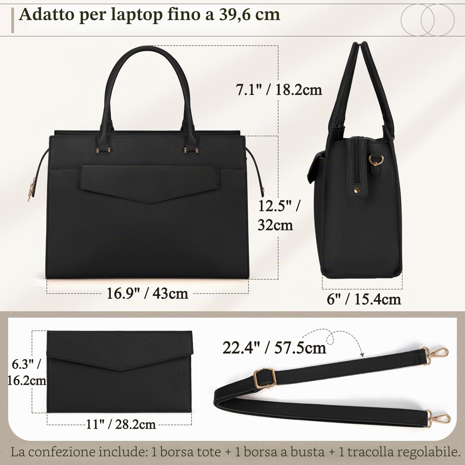 RAINSMORE Borsa porta PC Donna Borsa Donna Grande Borsa Lavoro Donna Borse Tote Borsa a Tracolla Pelle Scuola Elegante Universita Impermeabili 15.6 Pollici