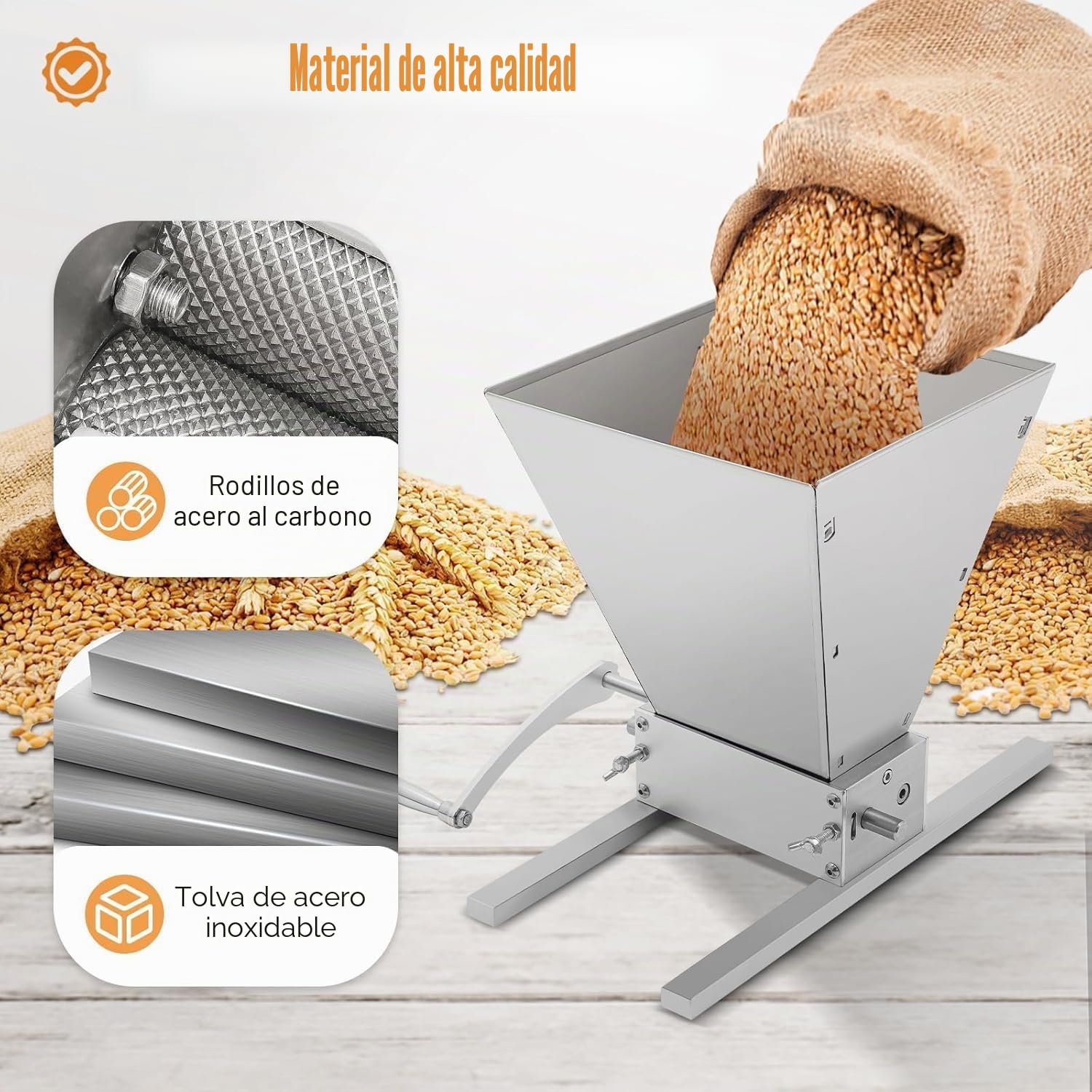 Molino de malta moderno de 4 l - Prensa de cereales manual - Acero inoxidable con rodillo ajustable - Rompecabezas con dos modos de funcionamiento - Ideal para moler granos en casa