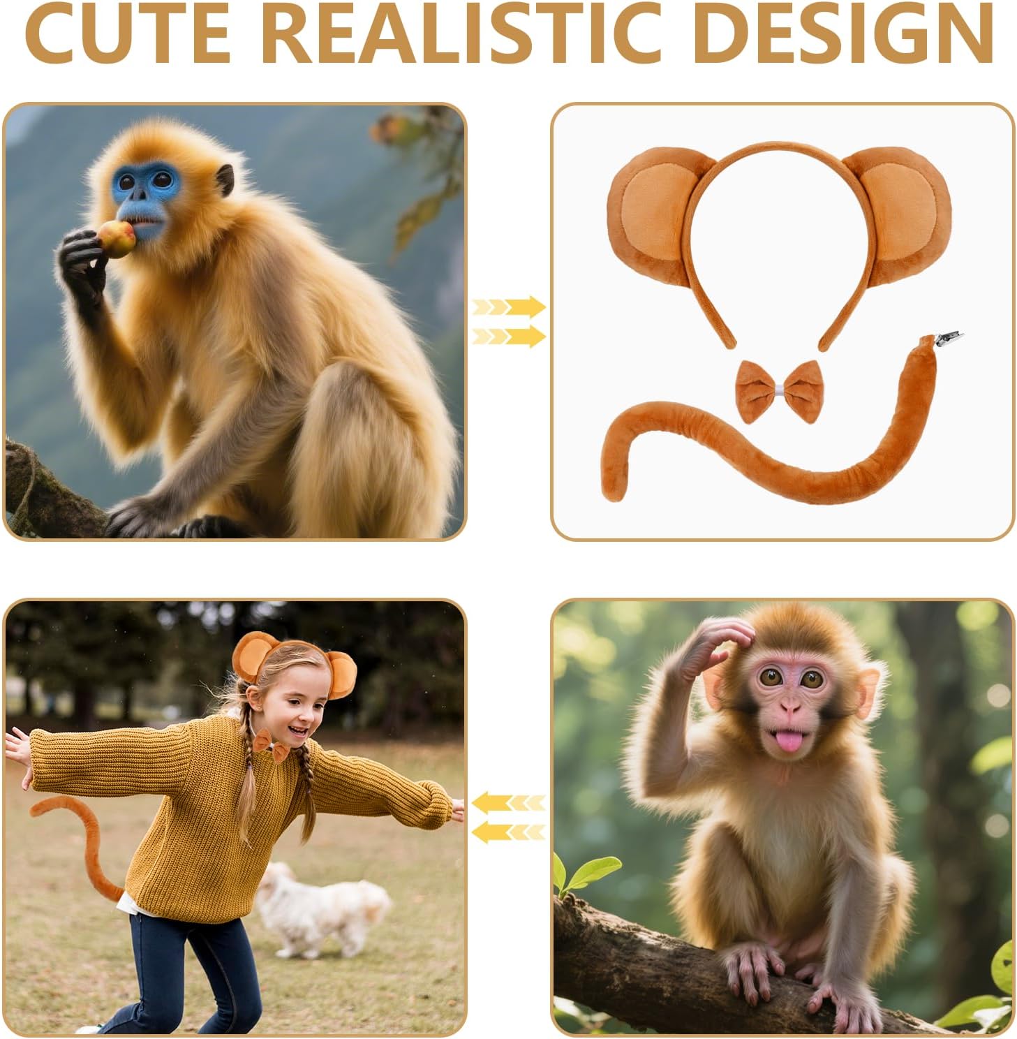 SIOTMERA Monkey Costume Set-3 Pieces Brown Monkey Ears and Tail Set with Headband, Bow tie and Tail -Fancy Animal Cosplay Accessories for Cosplay Party Halloween Birthday Christmas - Image 4