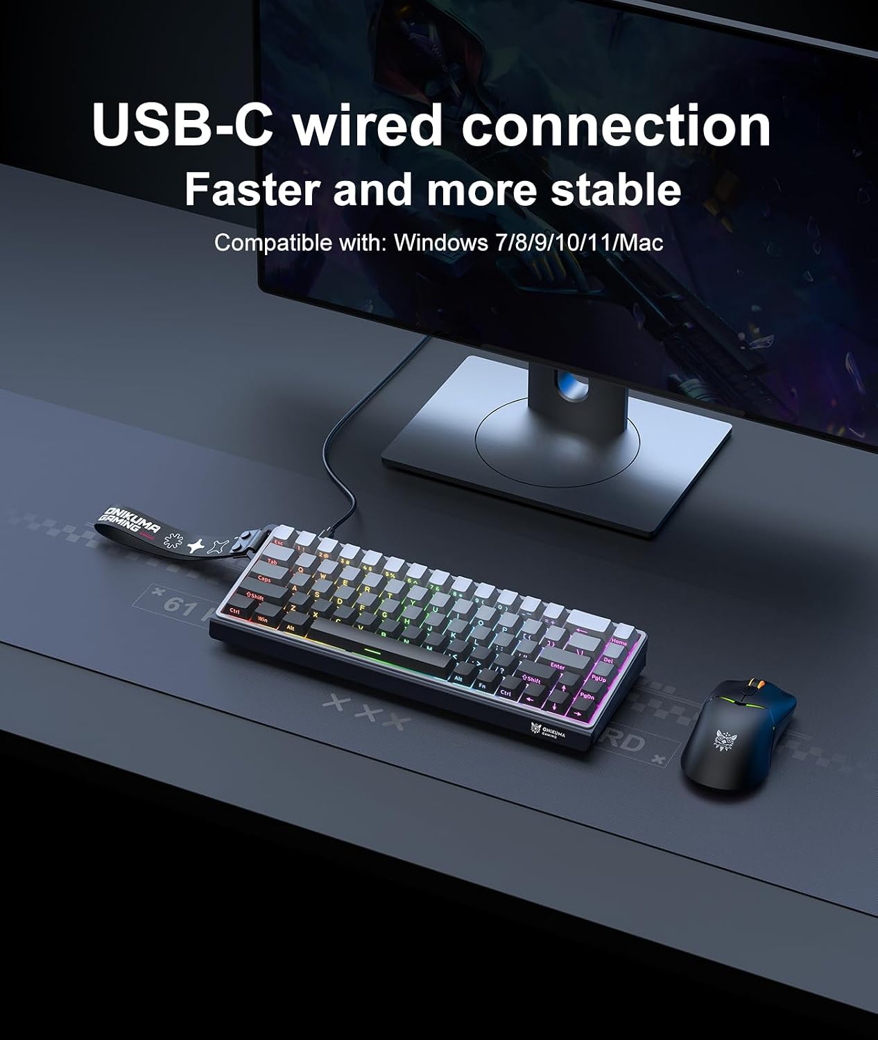 Image showing the USB-C wired connection of the keyboard to a computer setup.