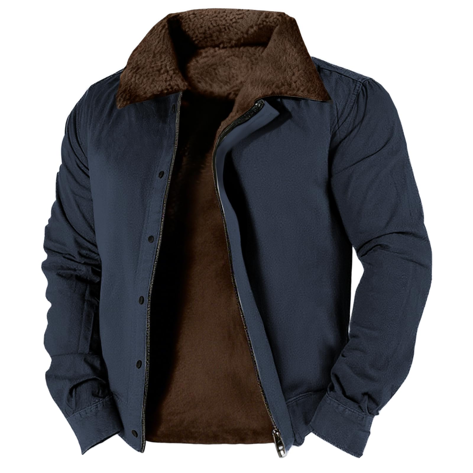 Mens Sherpa Lined Jacket Casual Warm Fleece Lapel Trucker Coat Zip Up Solid Color Winter Outwear
