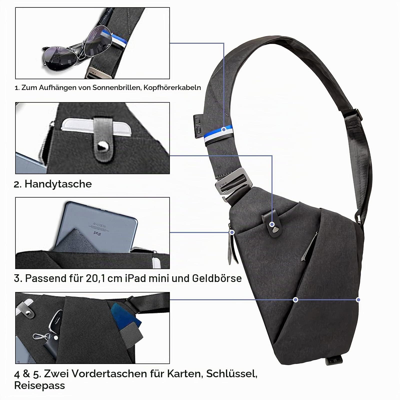 NIID-FINO NEO Sling Schulter Crossbody Brusttasche Schlank Rucksack Multipurpose Daypack (Meteorite schwarz, Rechte Hand) …