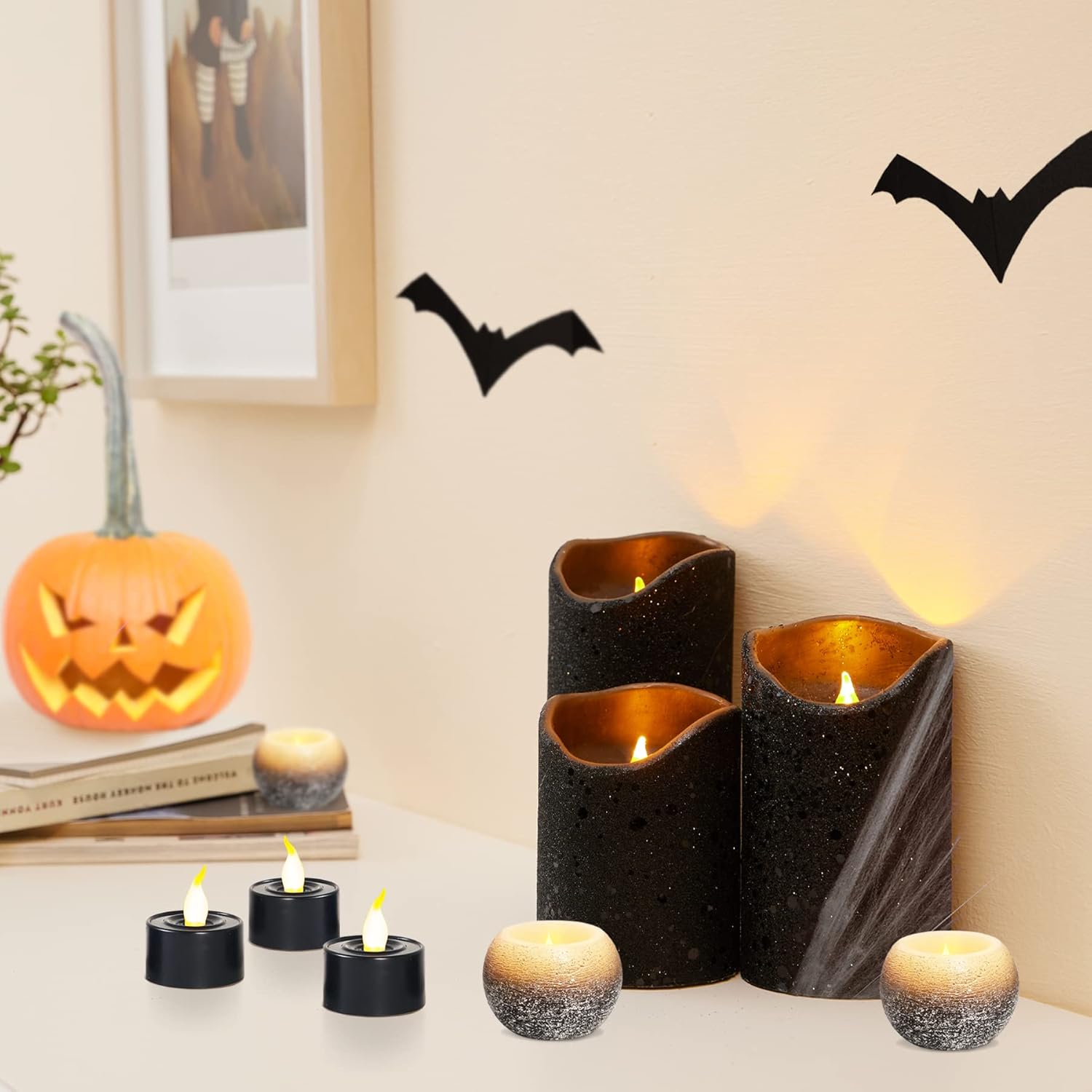FURORA LIGHTING Halloween Decorations Black Flameless Candles Battery Operated, 6 Pack Bundle with Black Flameless Round Candles Battery Operated with Timer 6H ON-18H Off