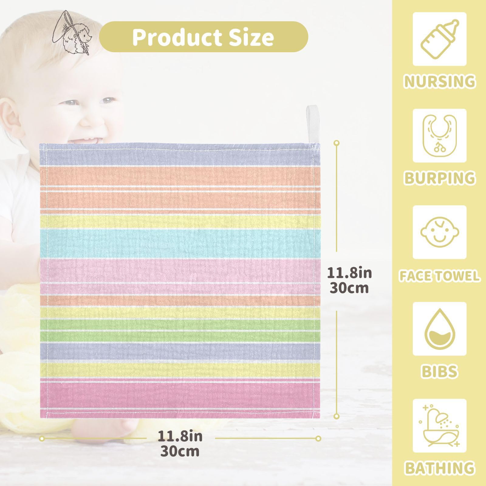 Nander 5Pack Baby Muslin Washcloths,Colorful Stripes Soft Face Cloths for Newborn, Absorbent Bath Wash Cloths, Wipes, Burp Rag,Toddlers Essentials Stuff, Baby Registry as Shower