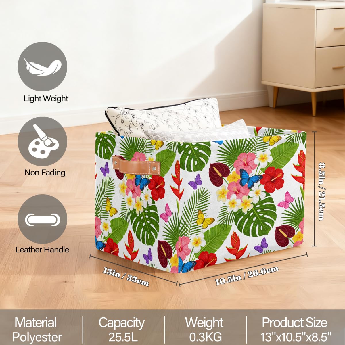 Rechteckiger Aufbewahrungskorb mit tropischen Blumen- und Schmetterlingsmustern, 2 Stück, faltbarer Stoff-Aufbewahrungskorb für Schrank, Badezimmer, Wohnzimmer, Büro, Spielzeug, Organizer